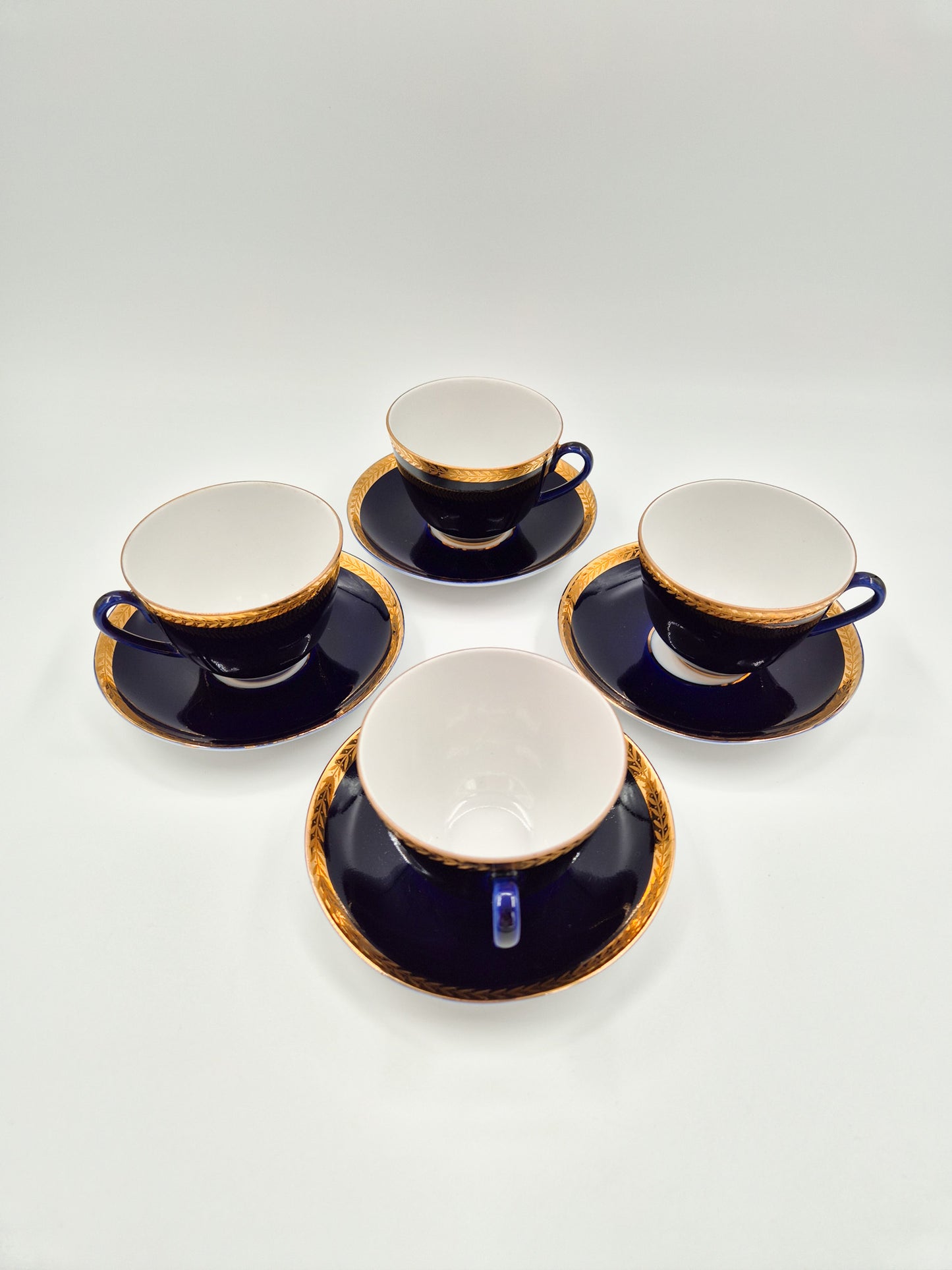 Set of 4 Lomonosov Cobalt Blue Cup & Saucer -  Gold Floral USSR Vintage