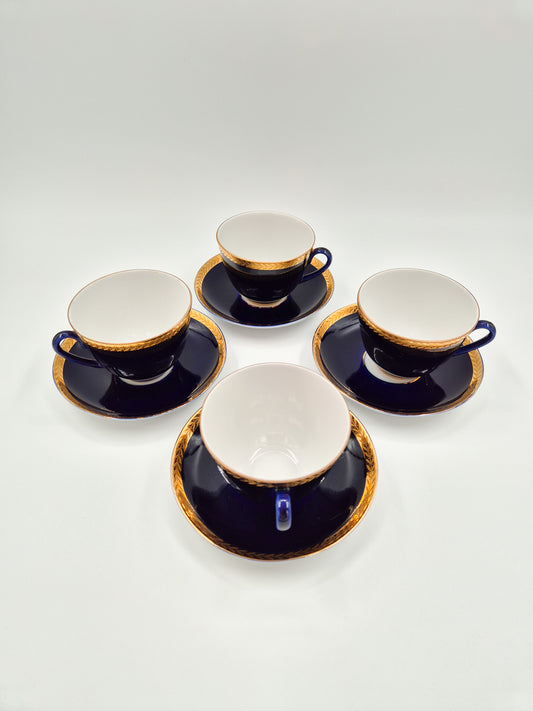 Set of 4 Lomonosov Cobalt Blue Cup & Saucer -  Gold Floral USSR Vintage