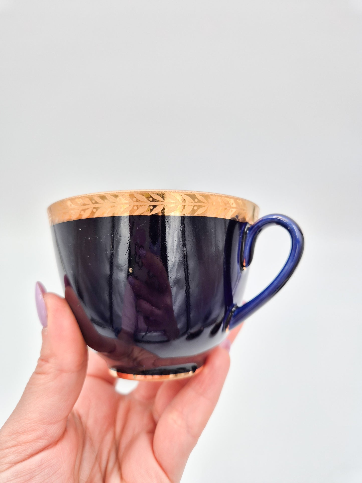 Set of 4 Lomonosov Cobalt Blue Cup & Saucer -  Gold Floral USSR Vintage