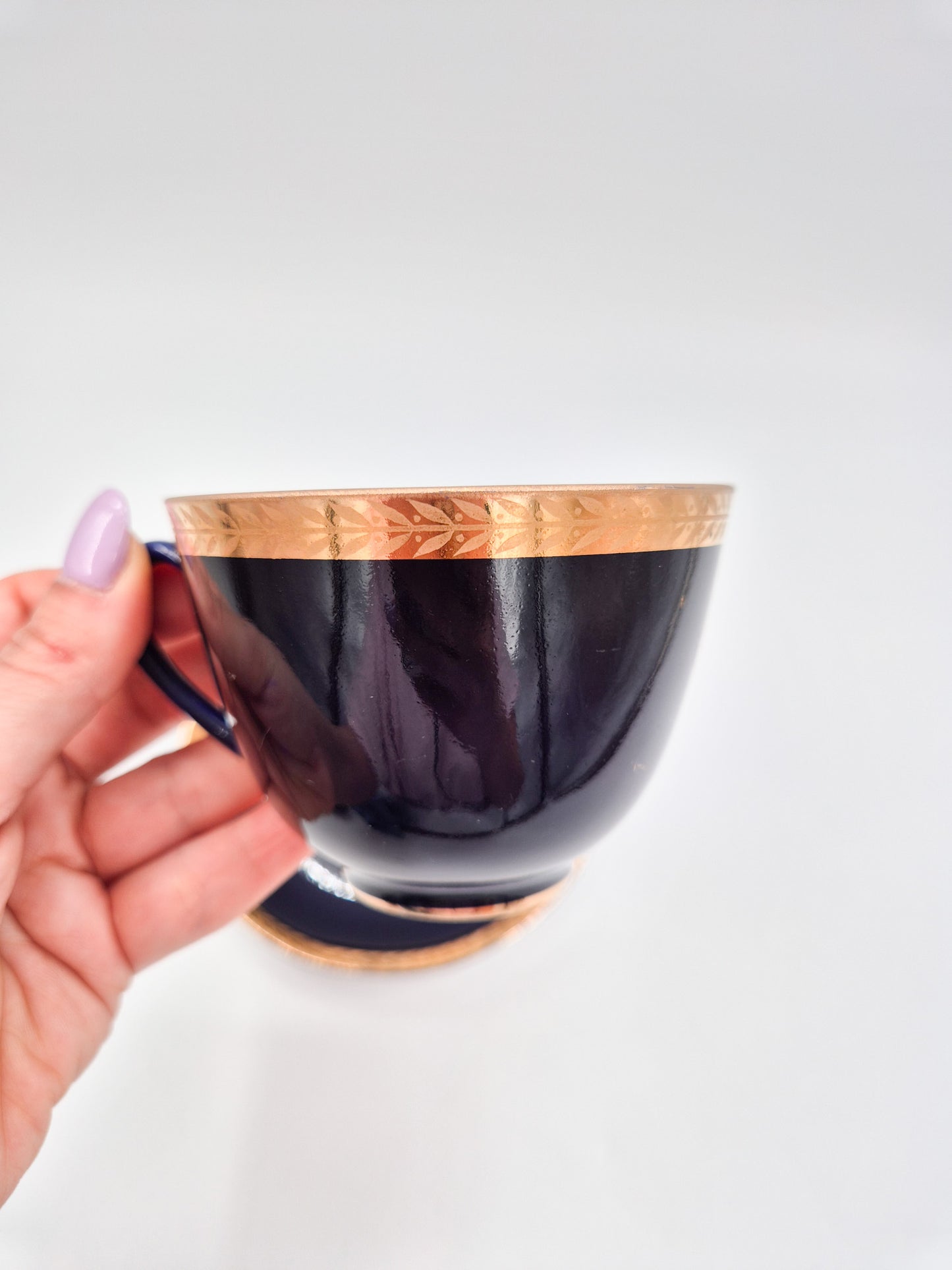 Set of 4 Lomonosov Cobalt Blue Cup & Saucer -  Gold Floral USSR Vintage