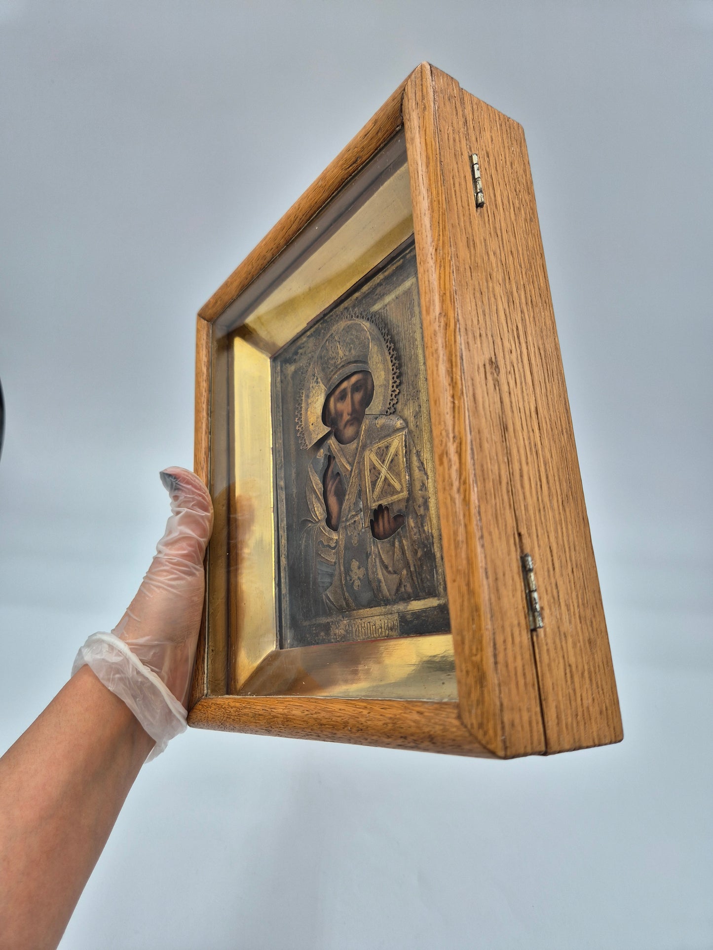 Antique Orthodox Icon – Saint Nicholas – Wooden Travel Case – Late 19th / Early 20th Century