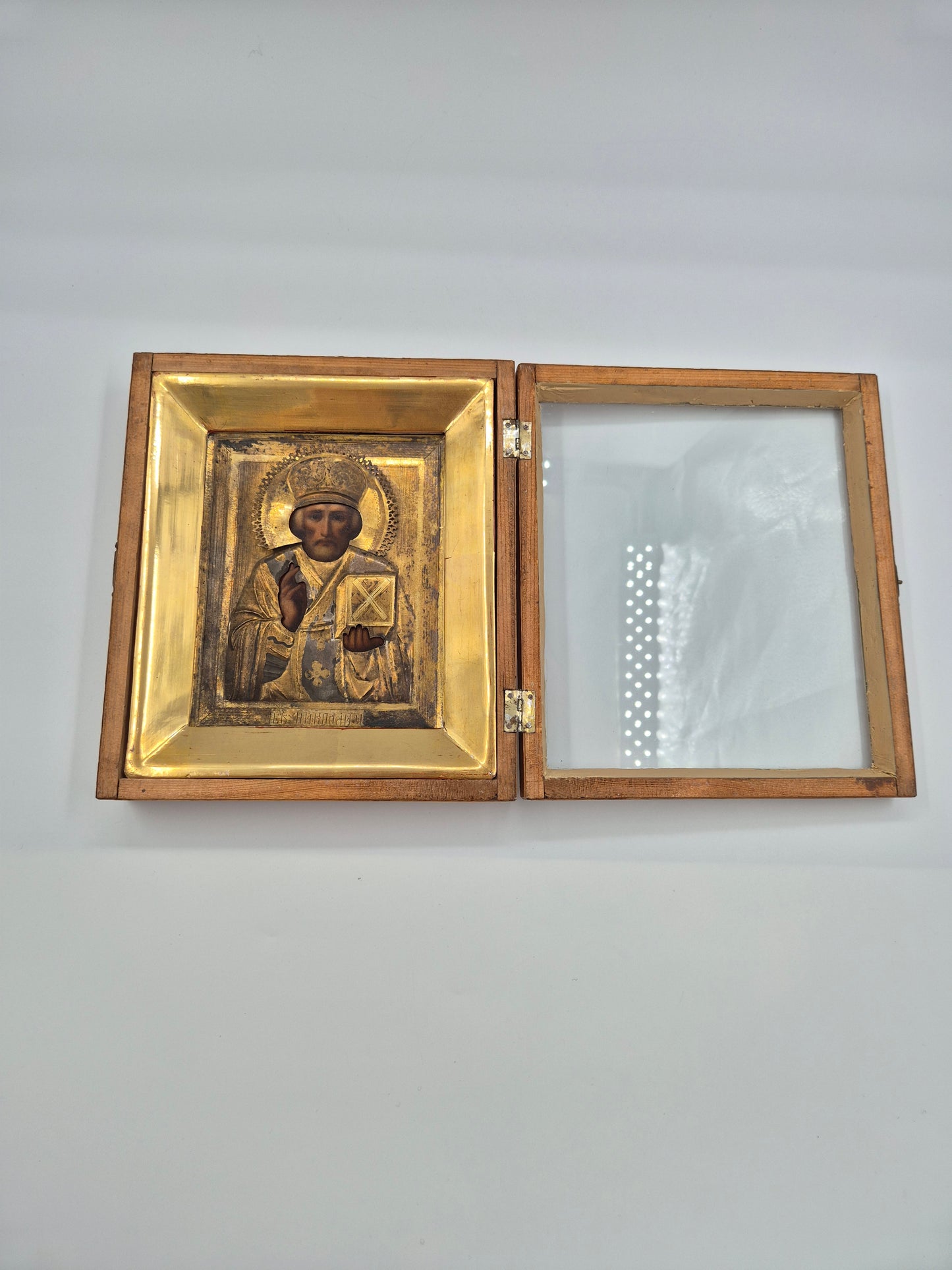 Antique Orthodox Icon – Saint Nicholas – Wooden Travel Case – Late 19th / Early 20th Century
