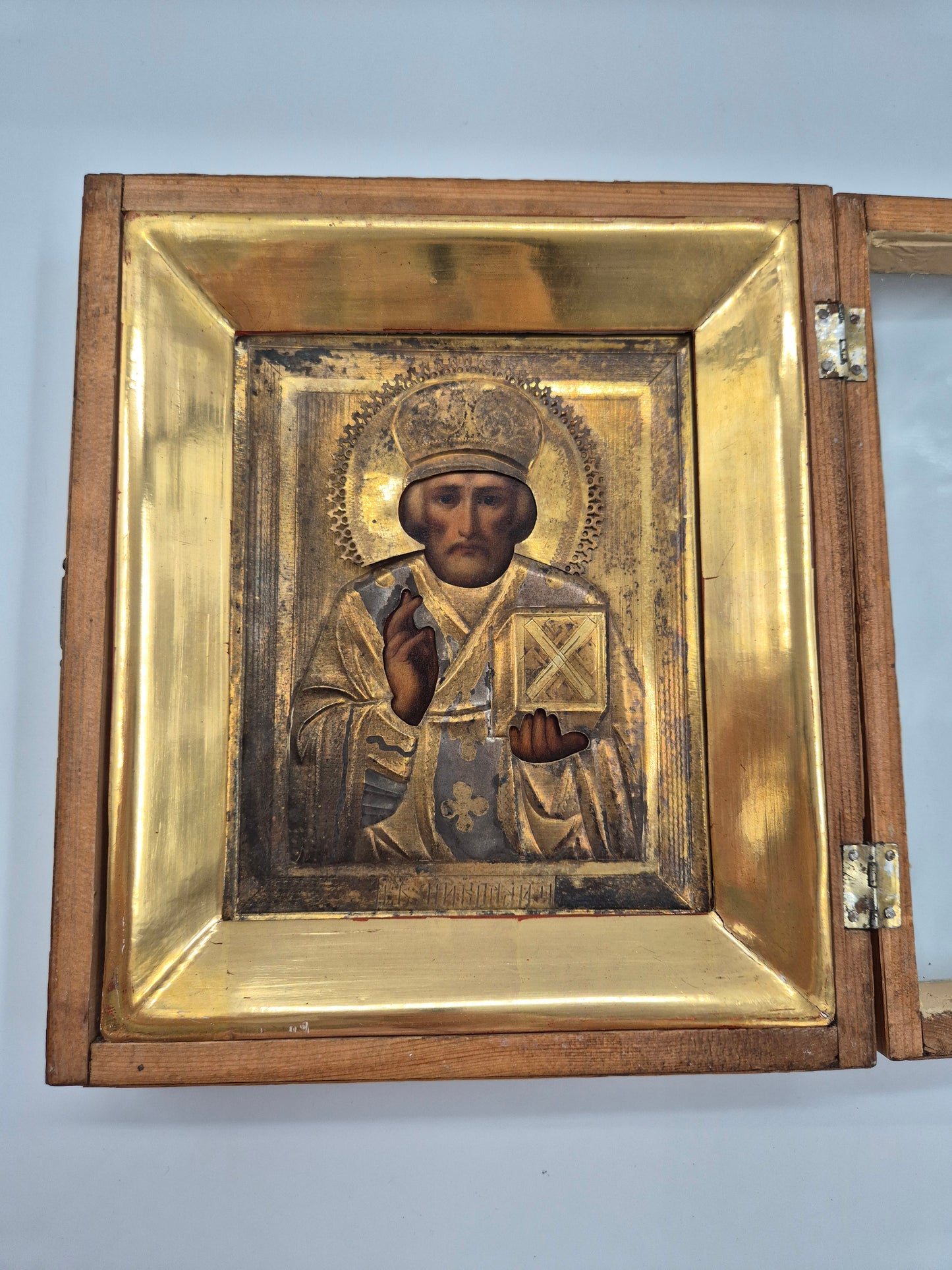 Antique Orthodox Icon – Saint Nicholas – Wooden Travel Case – Late 19th / Early 20th Century