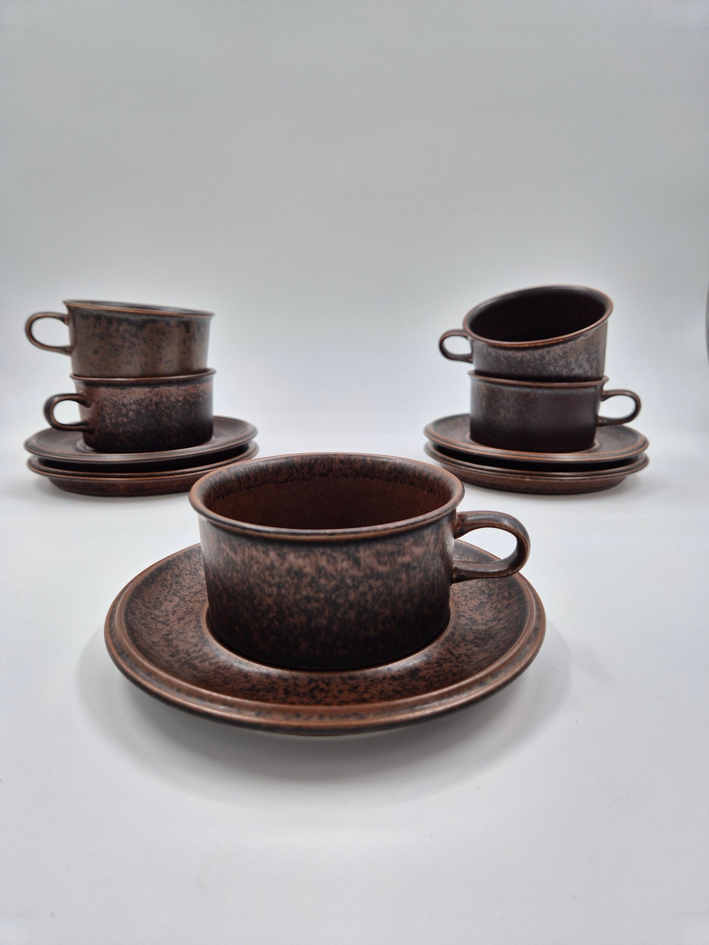 Set of  5 Arabia Ruska Finland Tea Cup and Saucer – Rustic Brown Nordic Stoneware