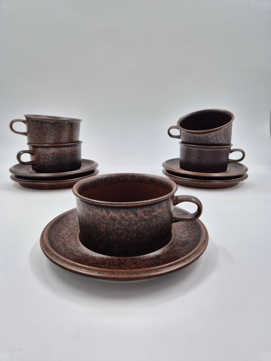 Set of  5 Arabia Ruska Finland Tea Cup and Saucer – Rustic Brown Nordic Stoneware