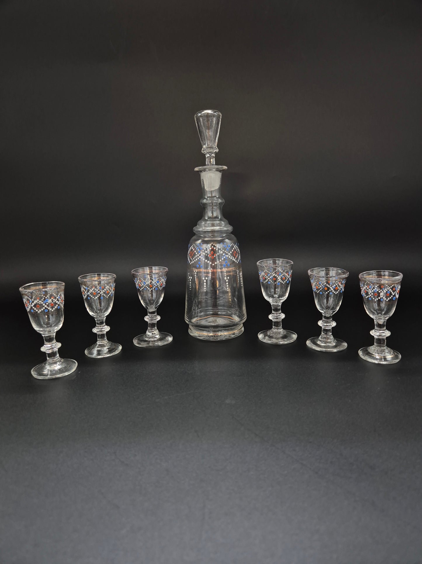 Hand-Painted Antique Carafe & 6 Glasses – Decorative Glassware Set