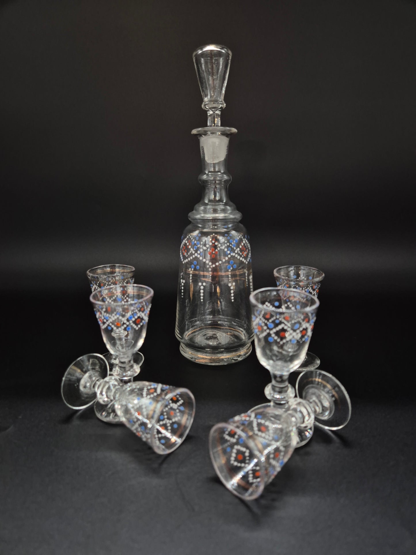 Hand-Painted Antique Carafe & 6 Glasses – Decorative Glassware Set