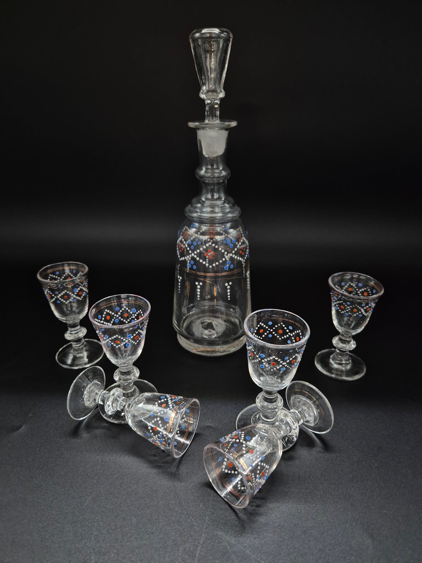 Hand-Painted Antique Carafe & 6 Glasses – Decorative Glassware Set