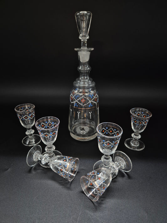 Hand-Painted Antique Carafe & 6 Glasses – Decorative Glassware Set
