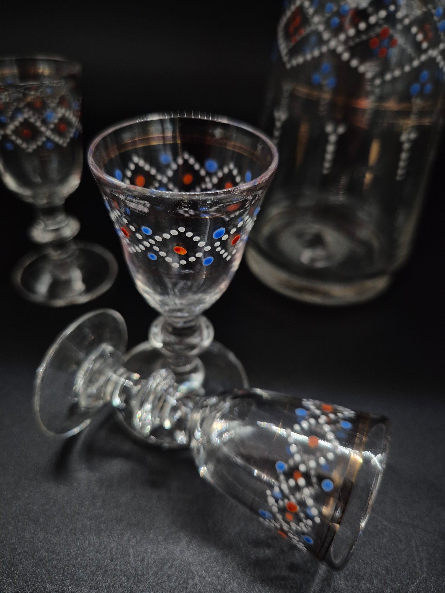Hand-Painted Antique Carafe & 6 Glasses – Decorative Glassware Set