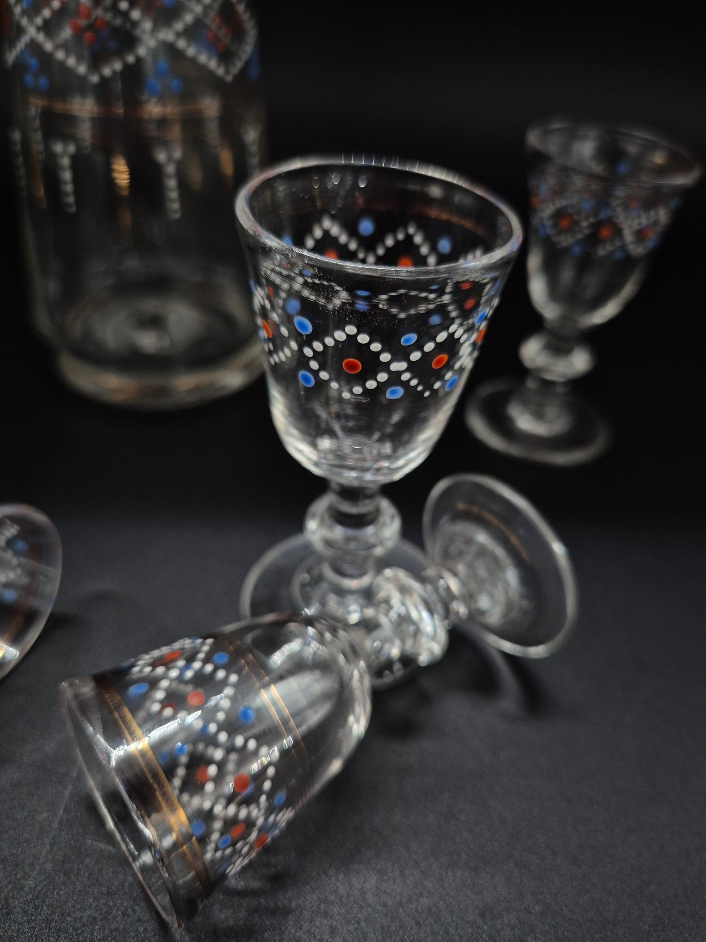 Hand-Painted Antique Carafe & 6 Glasses – Decorative Glassware Set
