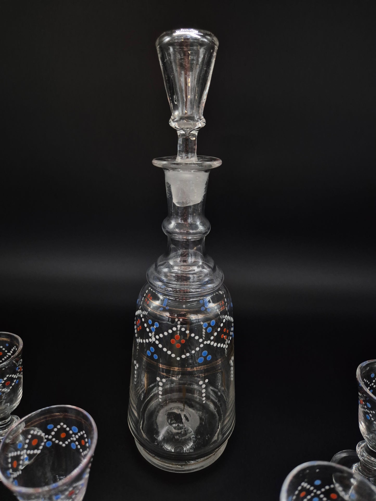 Hand-Painted Antique Carafe & 6 Glasses – Decorative Glassware Set