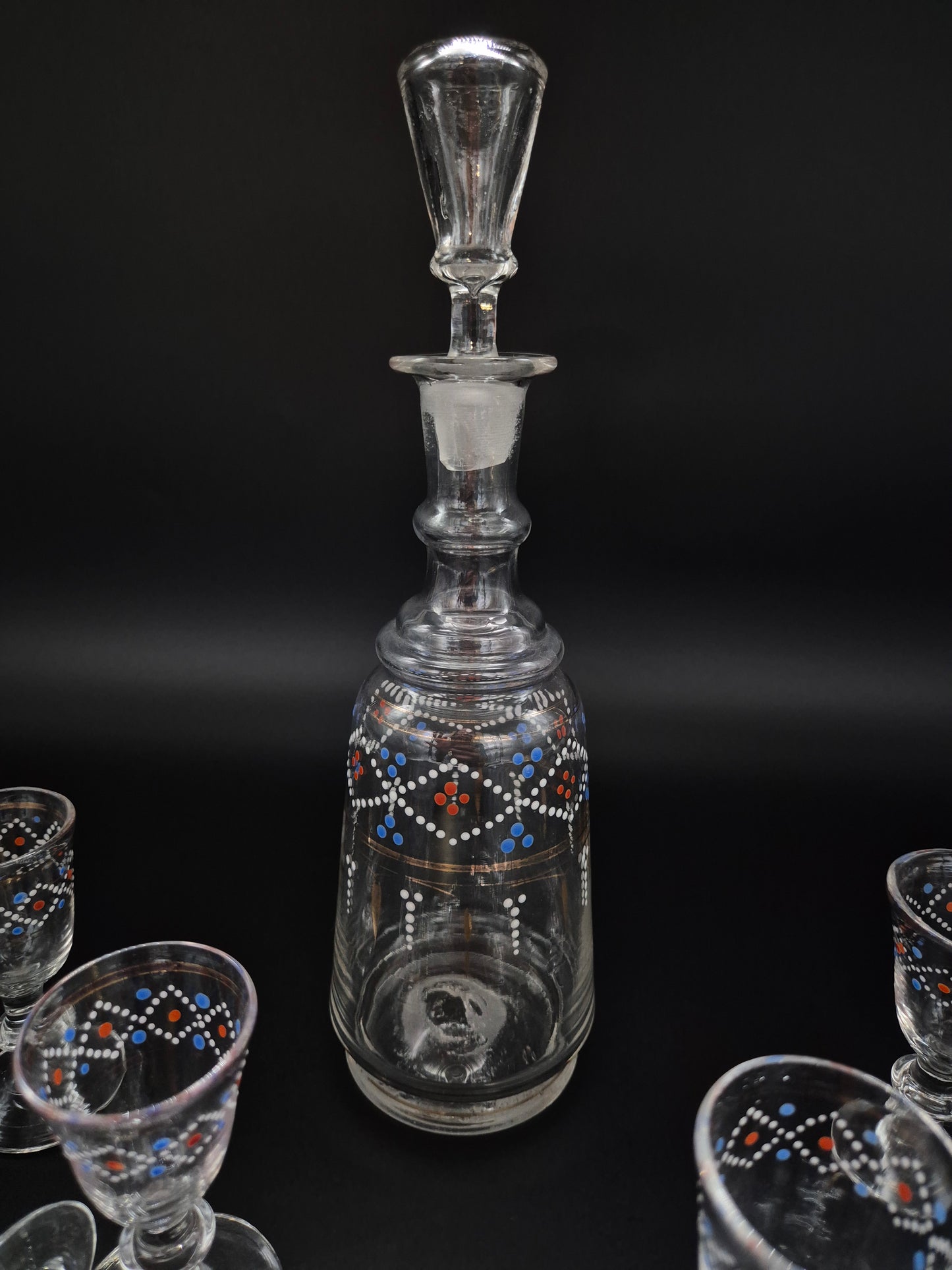Hand-Painted Antique Carafe & 6 Glasses – Decorative Glassware Set