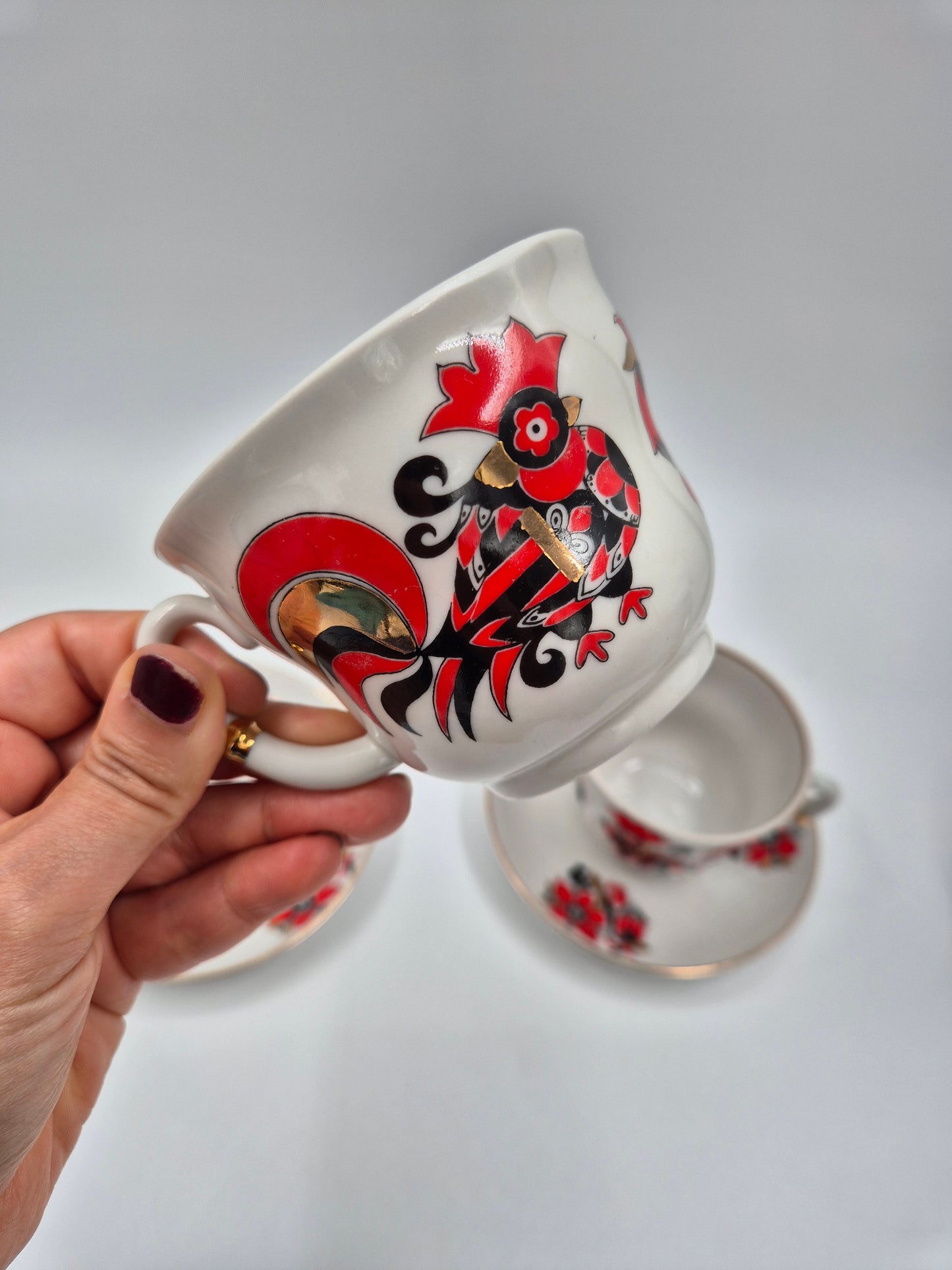 Lomonosov Tea Cups Set Rooster