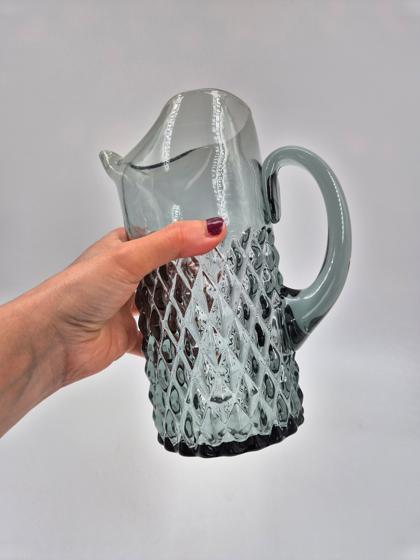 Vintage Pressed Glass Pitcher – Textured Smoky Grey Ice Water Carafe 21.5 cm