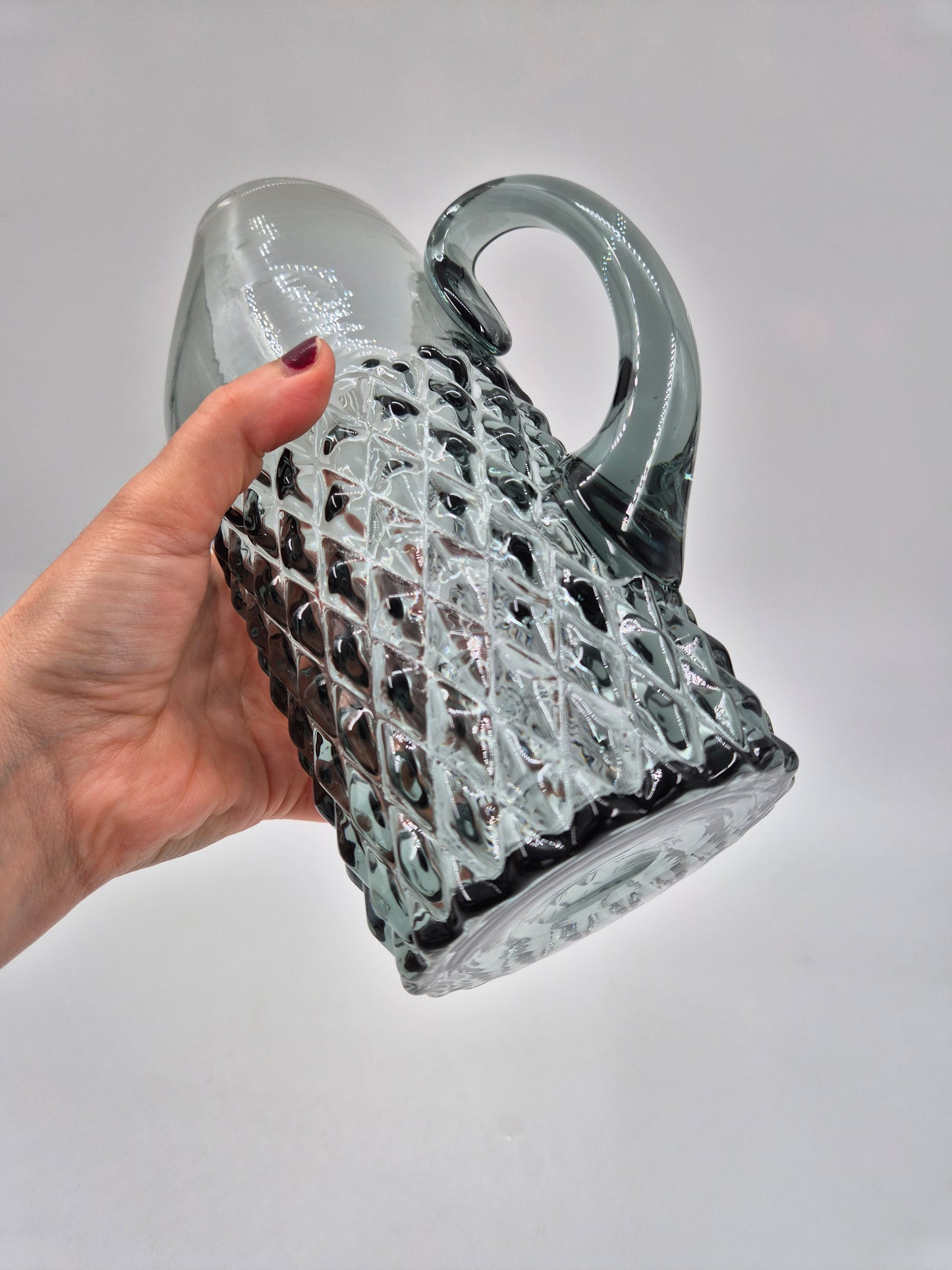 Vintage Pressed Glass Pitcher – Textured Smoky Grey Ice Water Carafe 21.5 cm