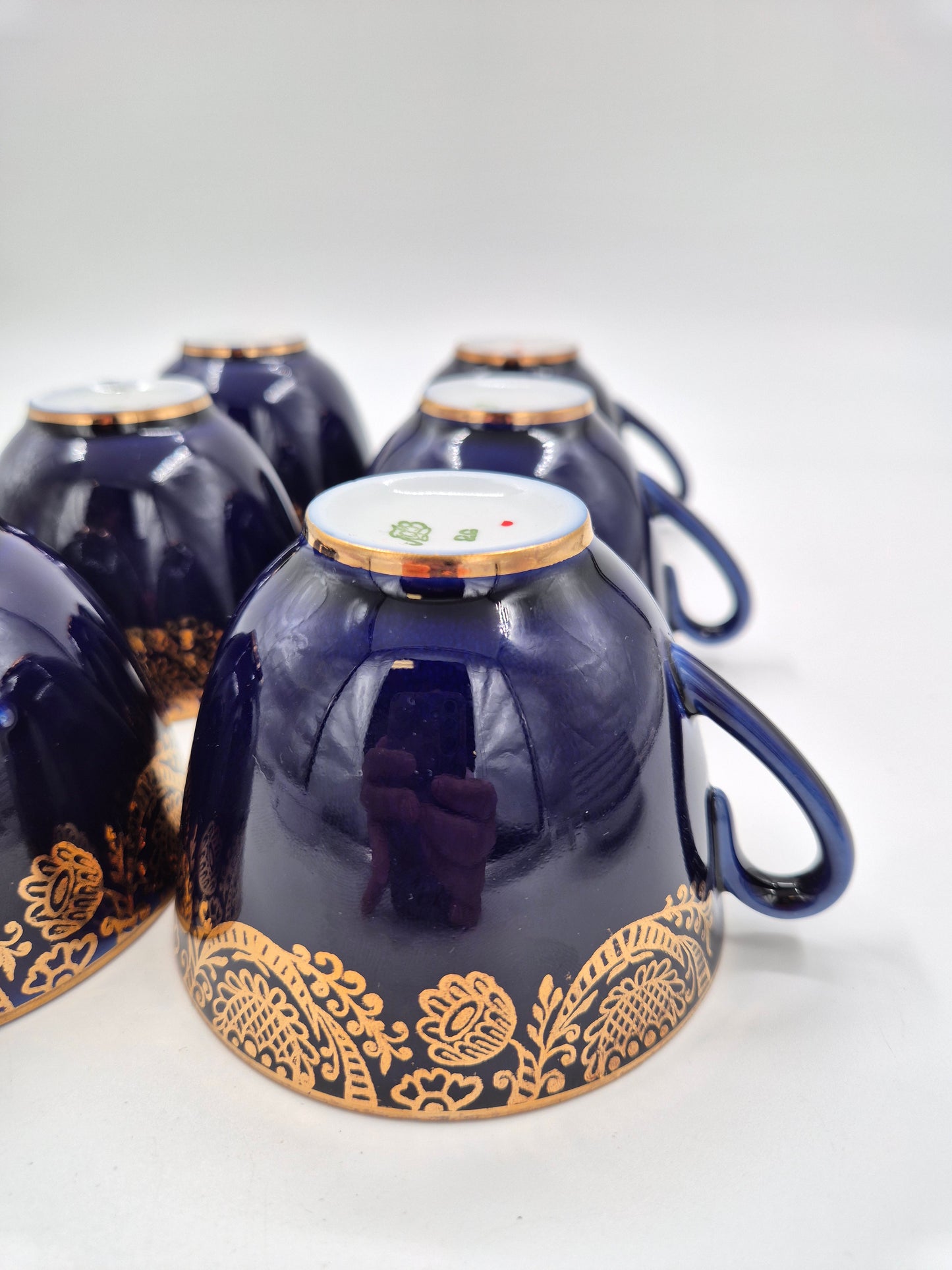Set of 5 Lomonosov Golden Frieze Tea Cups with Saucers – Cobalt Blue & Gold Russian Porcelain