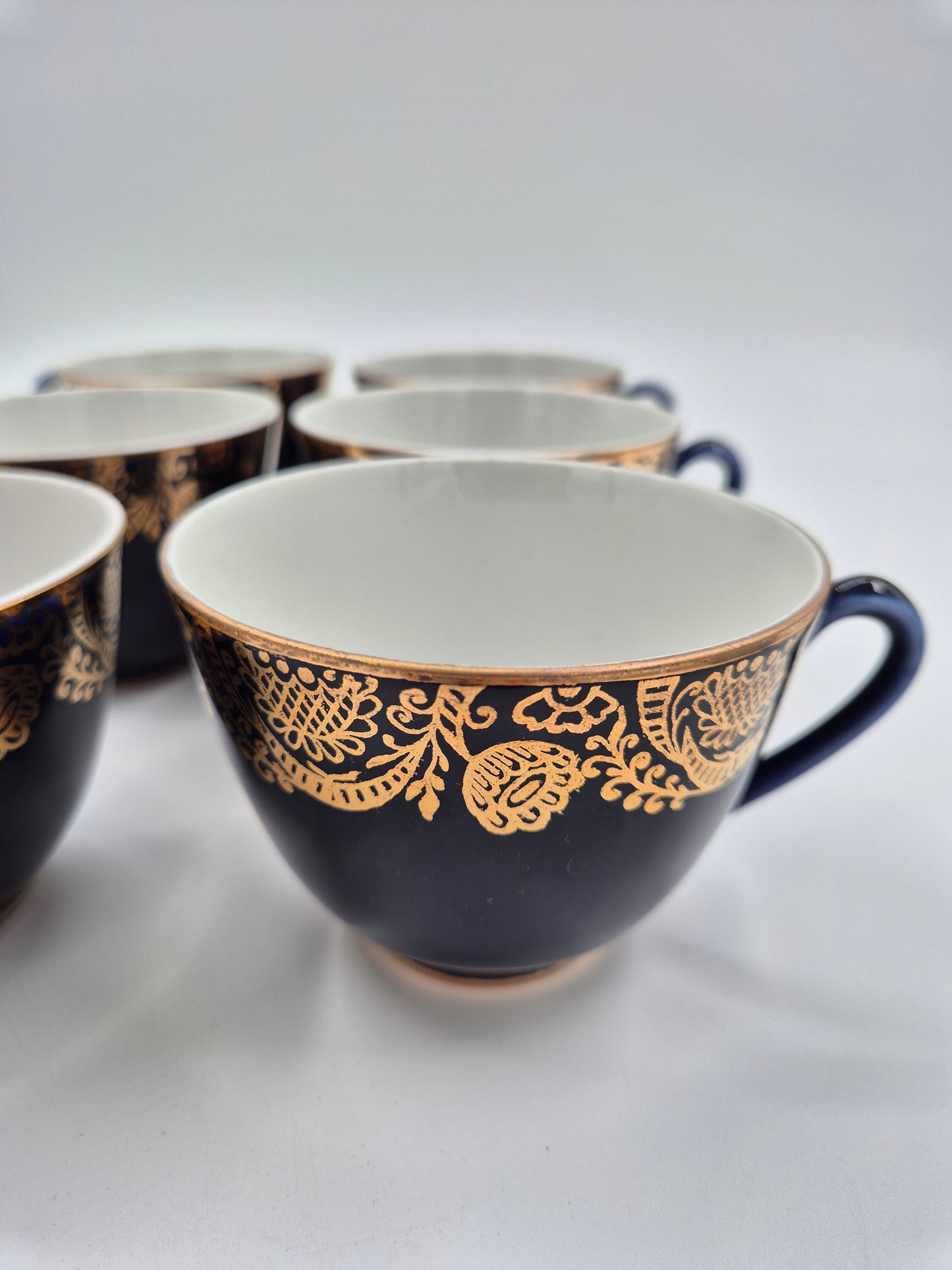 Set of 5 Lomonosov Golden Frieze Tea Cups with Saucers – Cobalt Blue & Gold Russian Porcelain