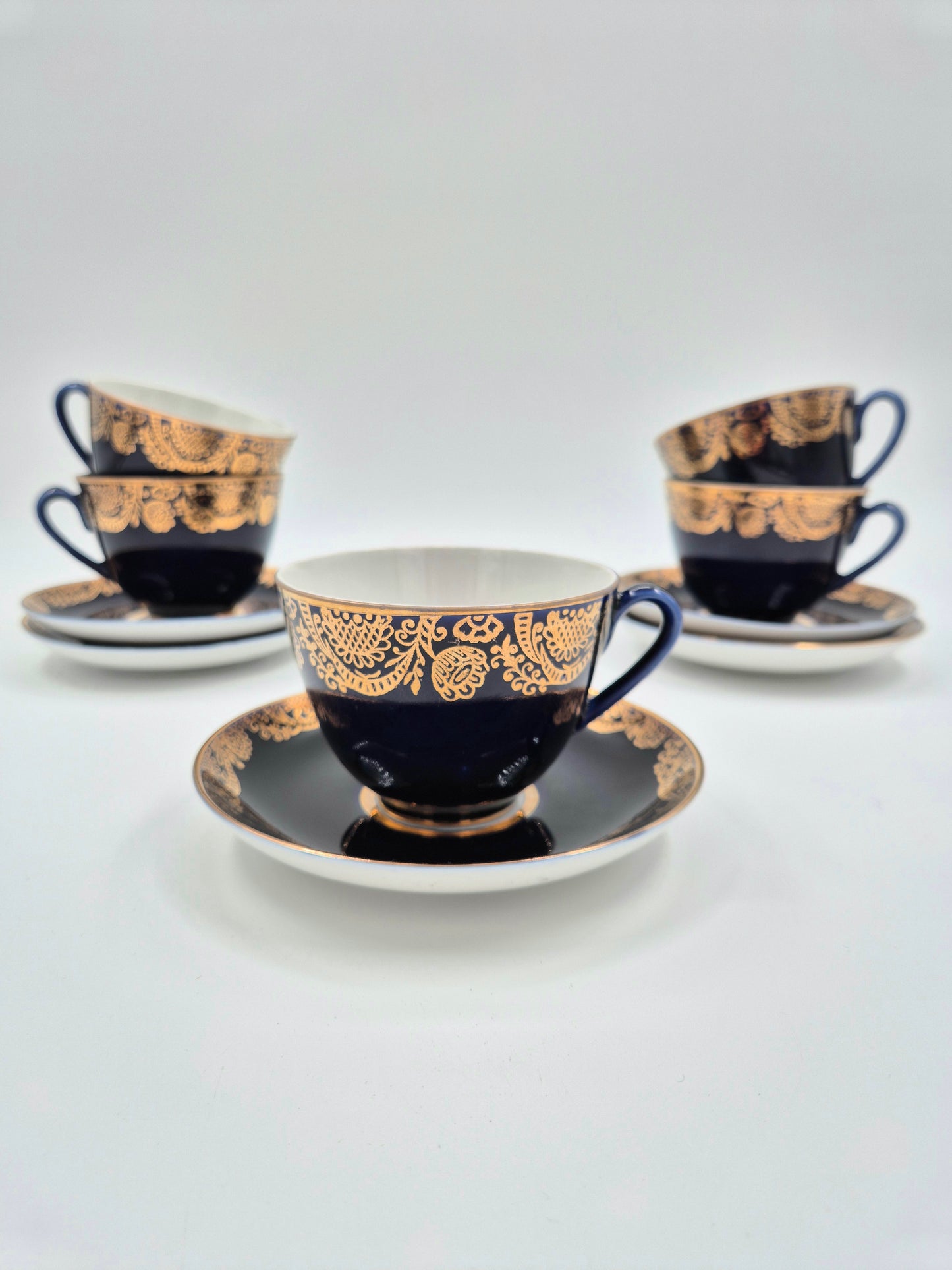 Set of 5 Lomonosov Golden Frieze Tea Cups with Saucers – Cobalt Blue & Gold Russian Porcelain