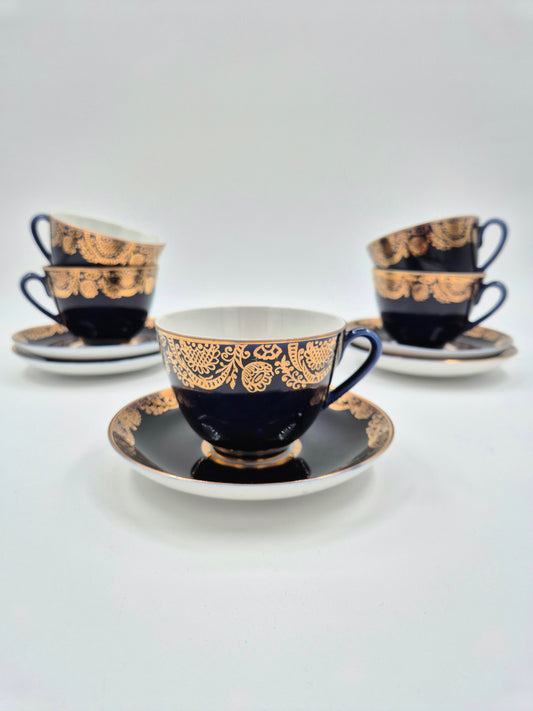 Set of 5 Lomonosov Golden Frieze Tea Cups with Saucers – Cobalt Blue & Gold Russian Porcelain