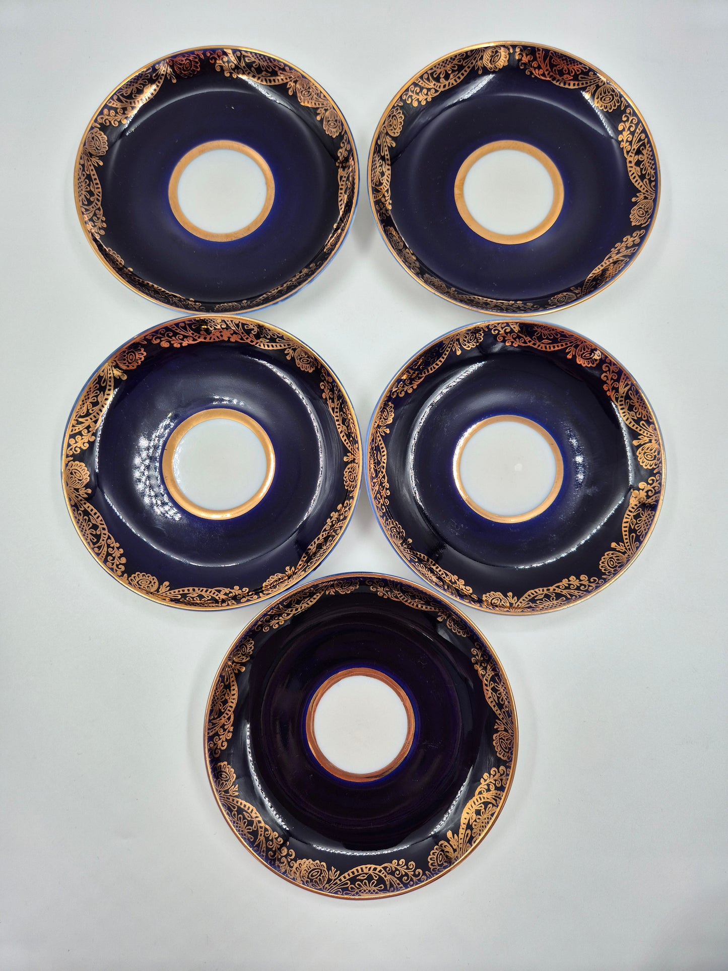 Set of 5 Lomonosov Golden Frieze Tea Cups with Saucers – Cobalt Blue & Gold Russian Porcelain
