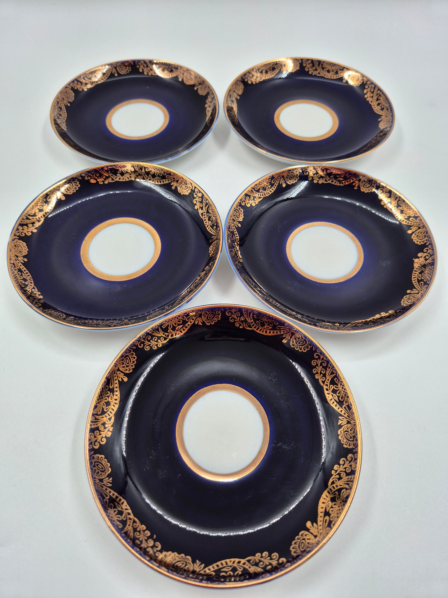 Set of 5 Lomonosov Golden Frieze Tea Cups with Saucers – Cobalt Blue & Gold Russian Porcelain