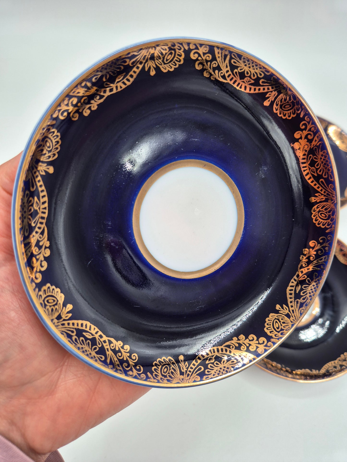 Set of 5 Lomonosov Golden Frieze Tea Cups with Saucers – Cobalt Blue & Gold Russian Porcelain