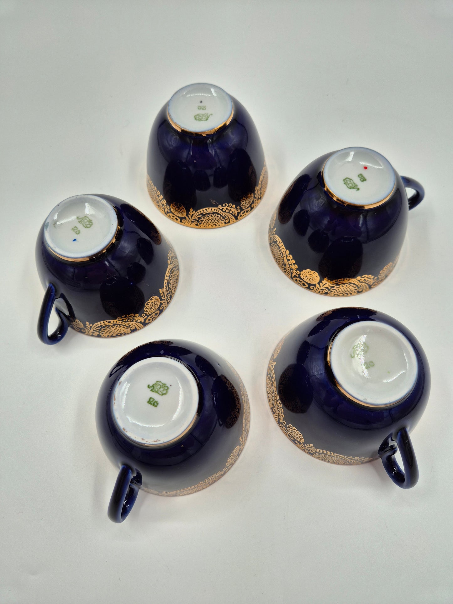 Set of 5 Lomonosov Golden Frieze Tea Cups with Saucers – Cobalt Blue & Gold Russian Porcelain