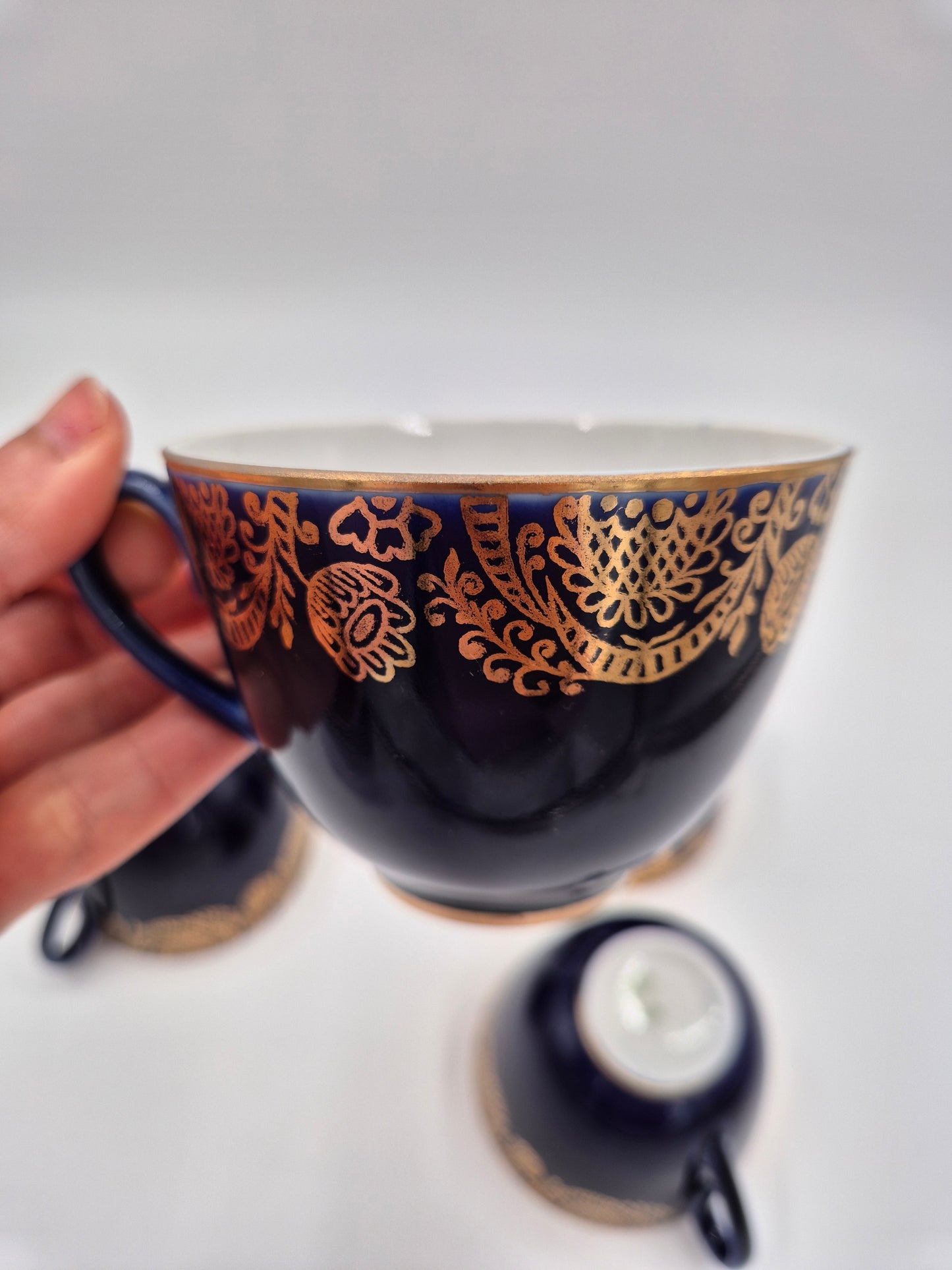 Set of 5 Lomonosov Golden Frieze Tea Cups with Saucers – Cobalt Blue & Gold Russian Porcelain