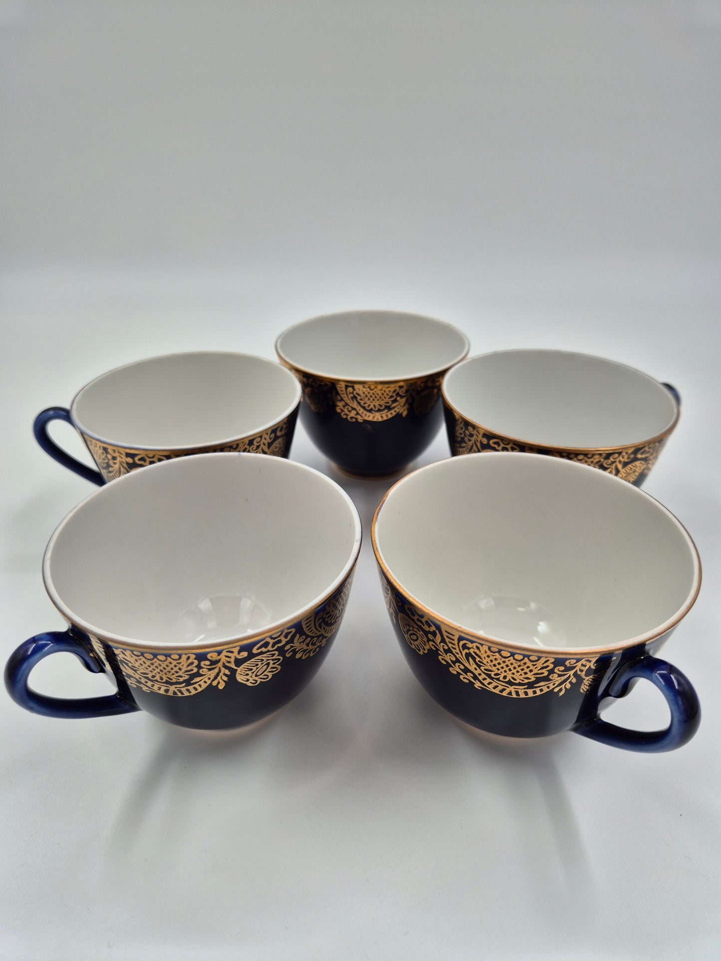Set of 5 Lomonosov Golden Frieze Tea Cups with Saucers – Cobalt Blue & Gold Russian Porcelain