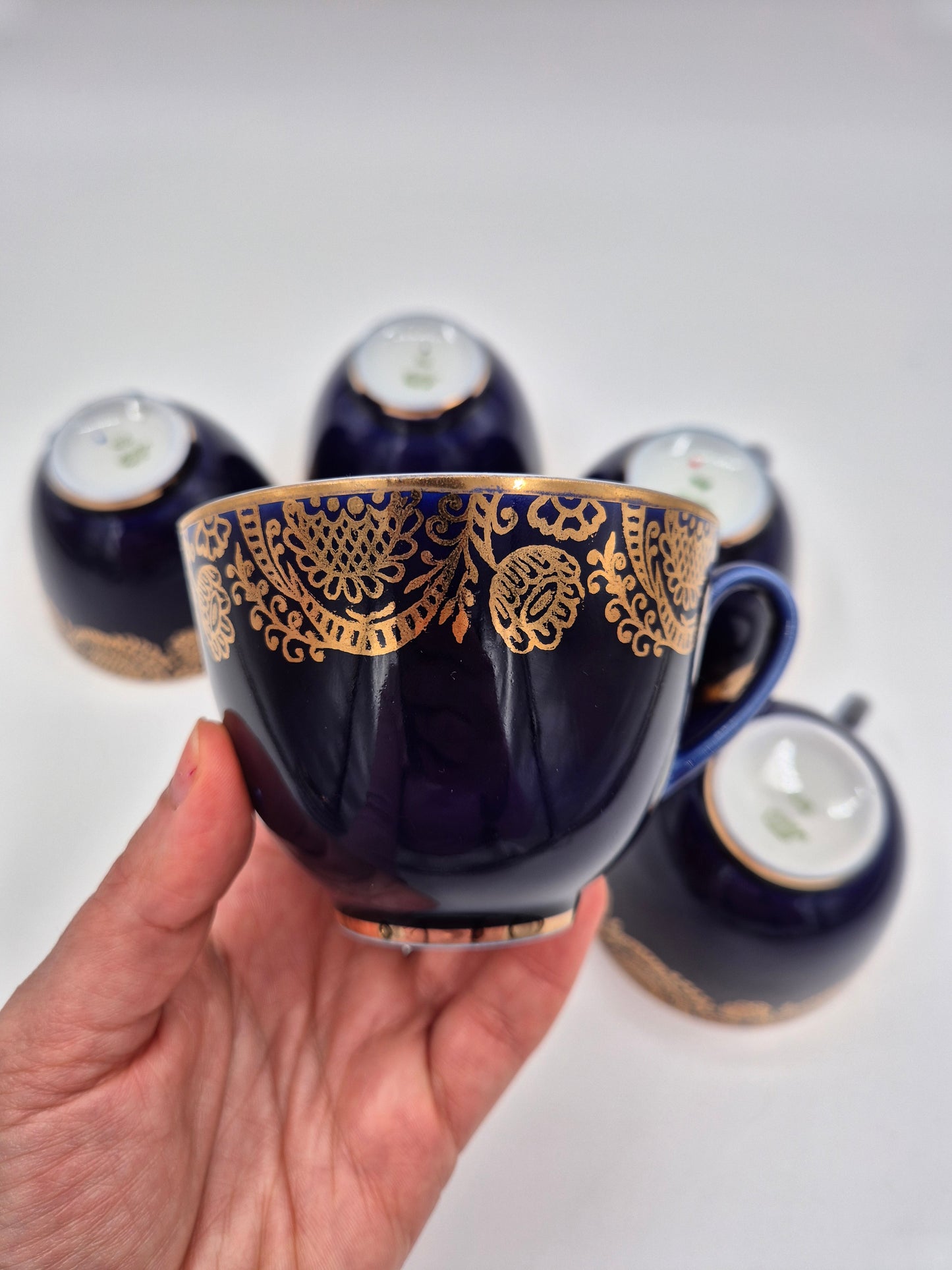 Set of 5 Lomonosov Golden Frieze Tea Cups with Saucers – Cobalt Blue & Gold Russian Porcelain