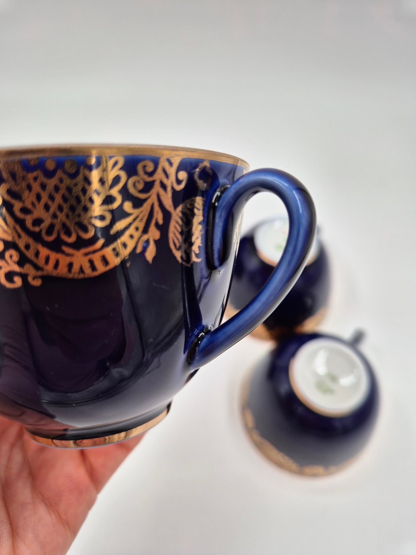 Set of 5 Lomonosov Golden Frieze Tea Cups with Saucers – Cobalt Blue & Gold Russian Porcelain