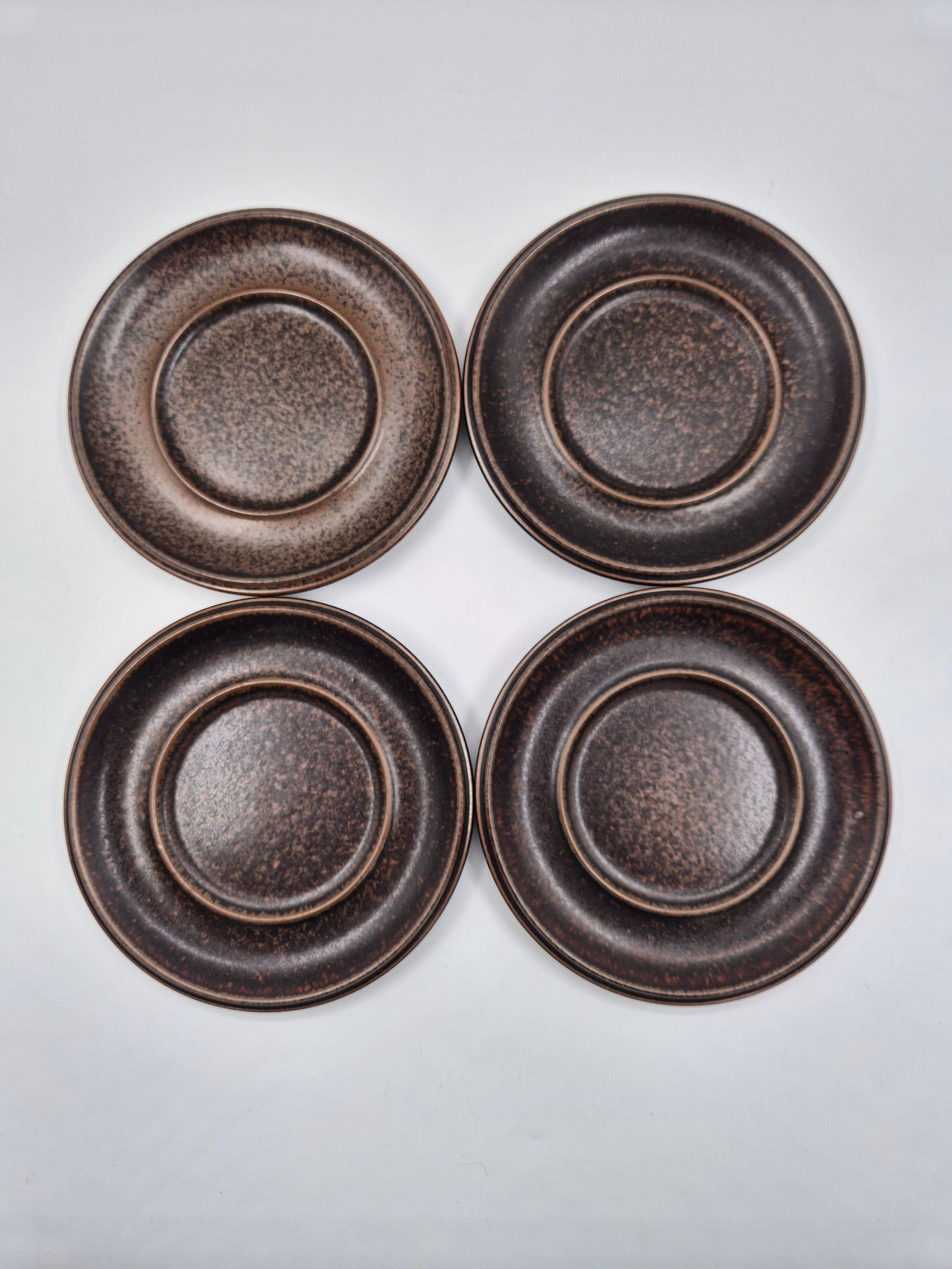 Set of 4 Arabia Ruska Tea Cup – Vintage Finnish Stoneware Cups and Saucers – Mid Century Nordic Brown Pottery