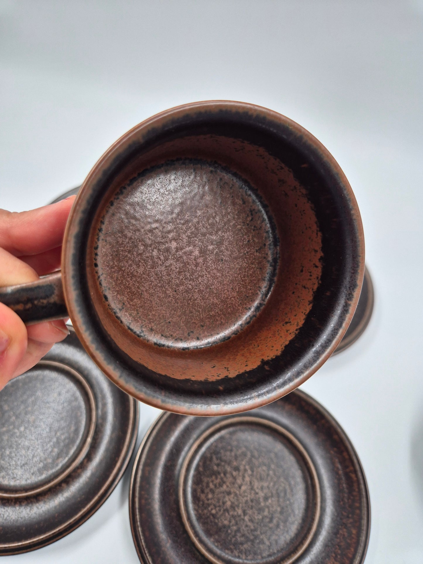 Set of 4 Arabia Ruska Tea Cup – Vintage Finnish Stoneware Cups and Saucers – Mid Century Nordic Brown Pottery