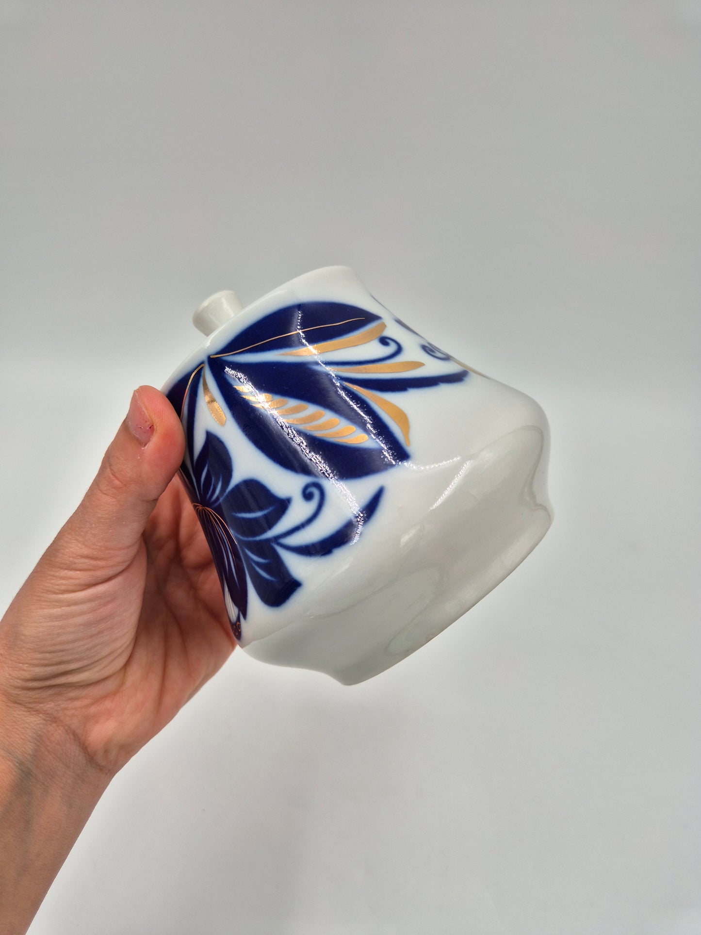 Vintage USSR Porcelain Sugar Bowl with Lid – Blue Floral Soviet Ceramic Jar with Gold Details – Russian Collectible Kitchen Decor