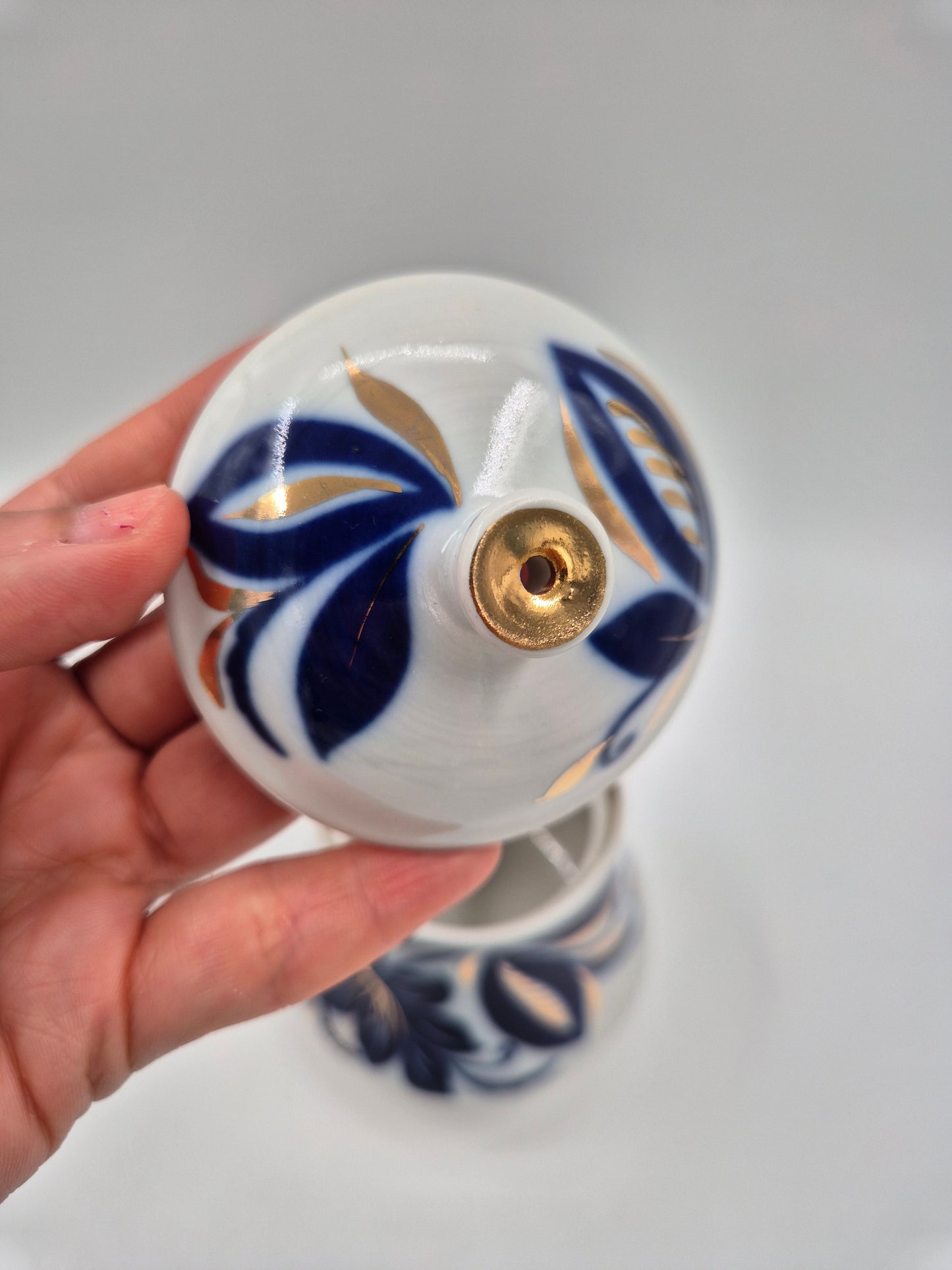 Vintage USSR Porcelain Sugar Bowl with Lid – Blue Floral Soviet Ceramic Jar with Gold Details – Russian Collectible Kitchen Decor