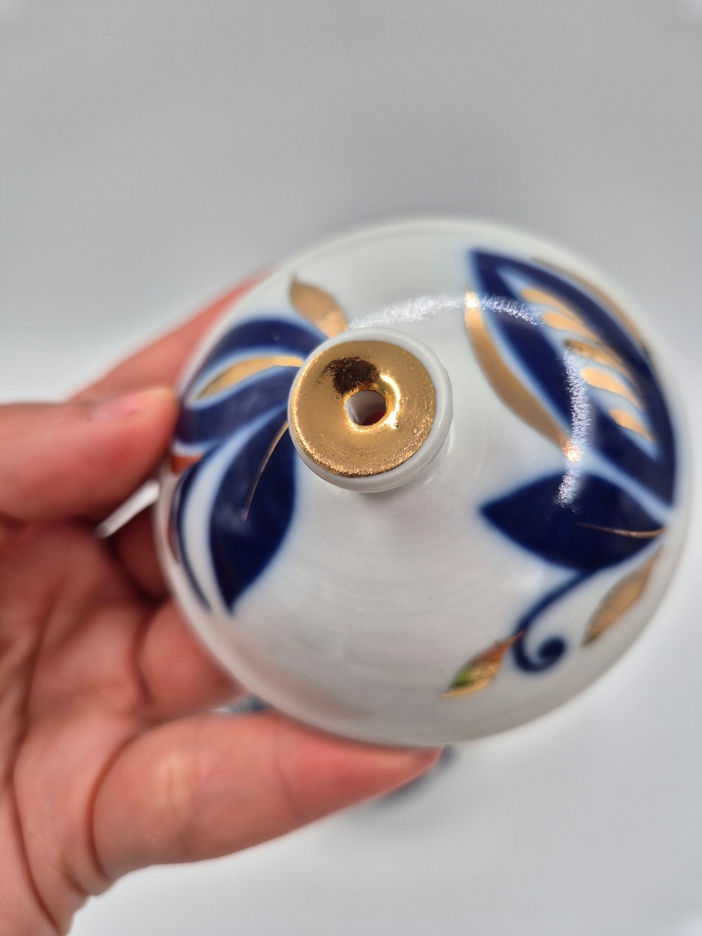 Vintage USSR Porcelain Sugar Bowl with Lid – Blue Floral Soviet Ceramic Jar with Gold Details – Russian Collectible Kitchen Decor