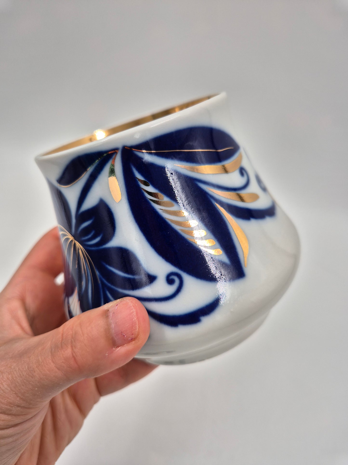 Vintage USSR Porcelain Sugar Bowl with Lid – Blue Floral Soviet Ceramic Jar with Gold Details – Russian Collectible Kitchen Decor