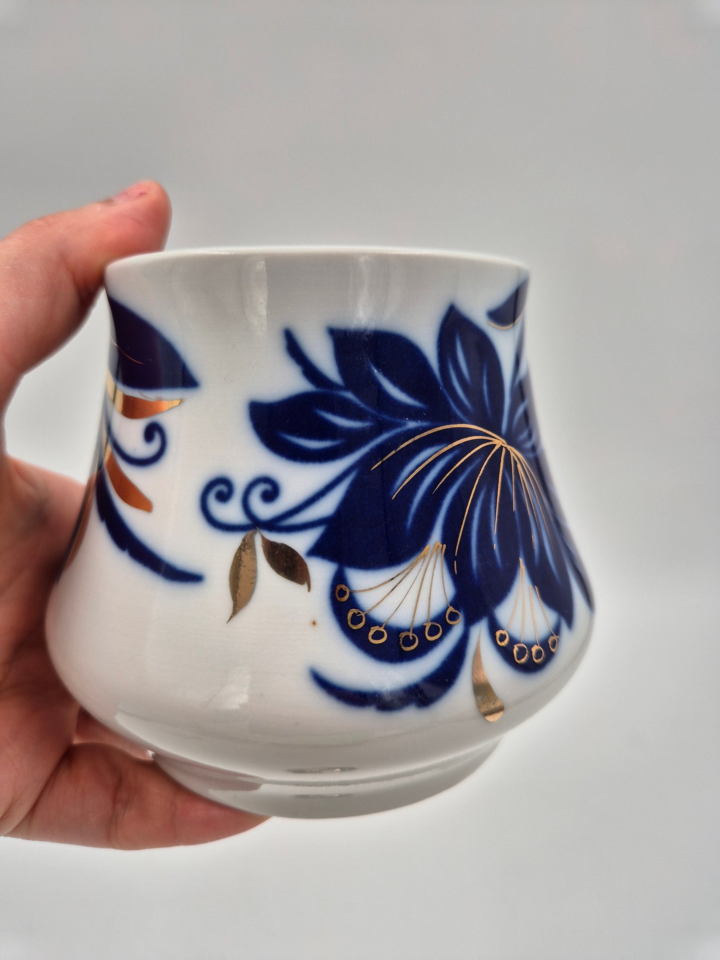 Vintage USSR Porcelain Sugar Bowl with Lid – Blue Floral Soviet Ceramic Jar with Gold Details – Russian Collectible Kitchen Decor