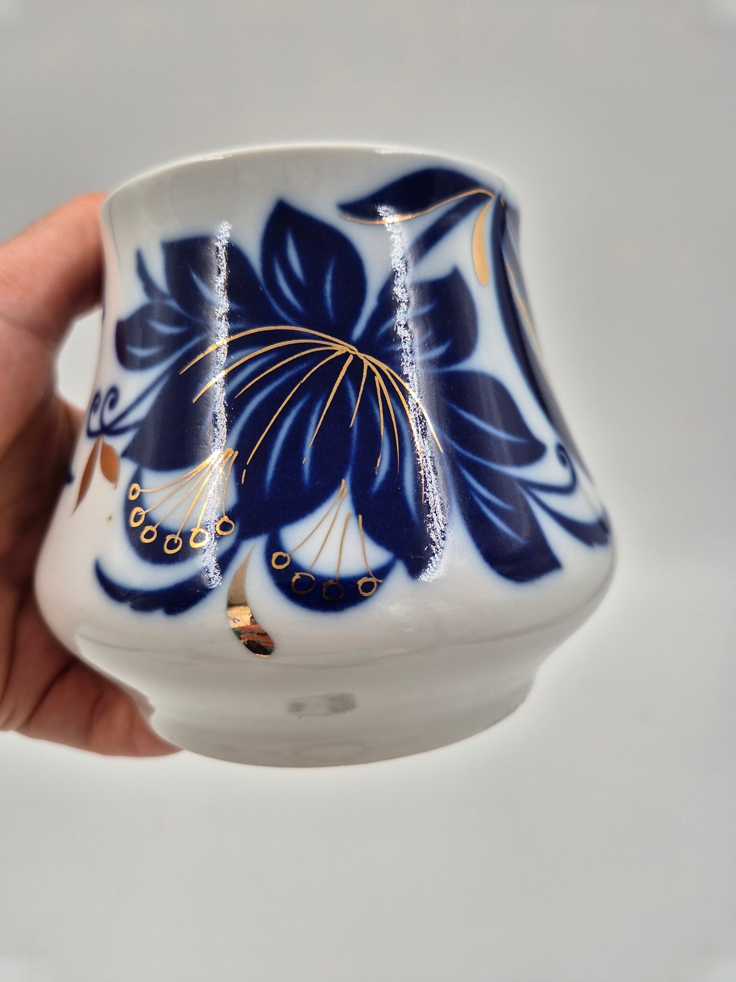 Vintage USSR Porcelain Sugar Bowl with Lid – Blue Floral Soviet Ceramic Jar with Gold Details – Russian Collectible Kitchen Decor