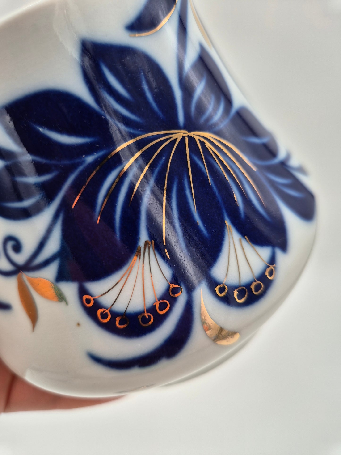 Vintage USSR Porcelain Sugar Bowl with Lid – Blue Floral Soviet Ceramic Jar with Gold Details – Russian Collectible Kitchen Decor