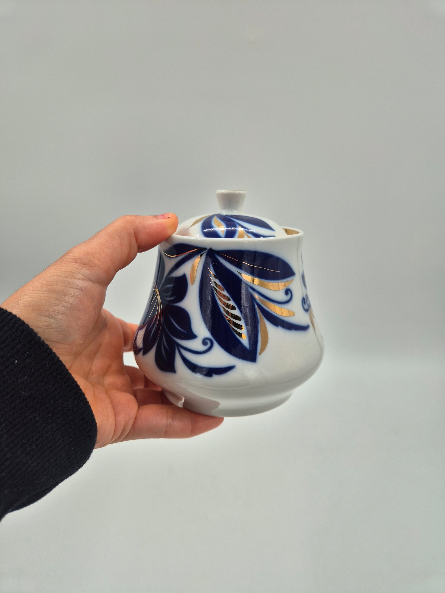 Vintage USSR Porcelain Sugar Bowl with Lid – Blue Floral Soviet Ceramic Jar with Gold Details – Russian Collectible Kitchen Decor