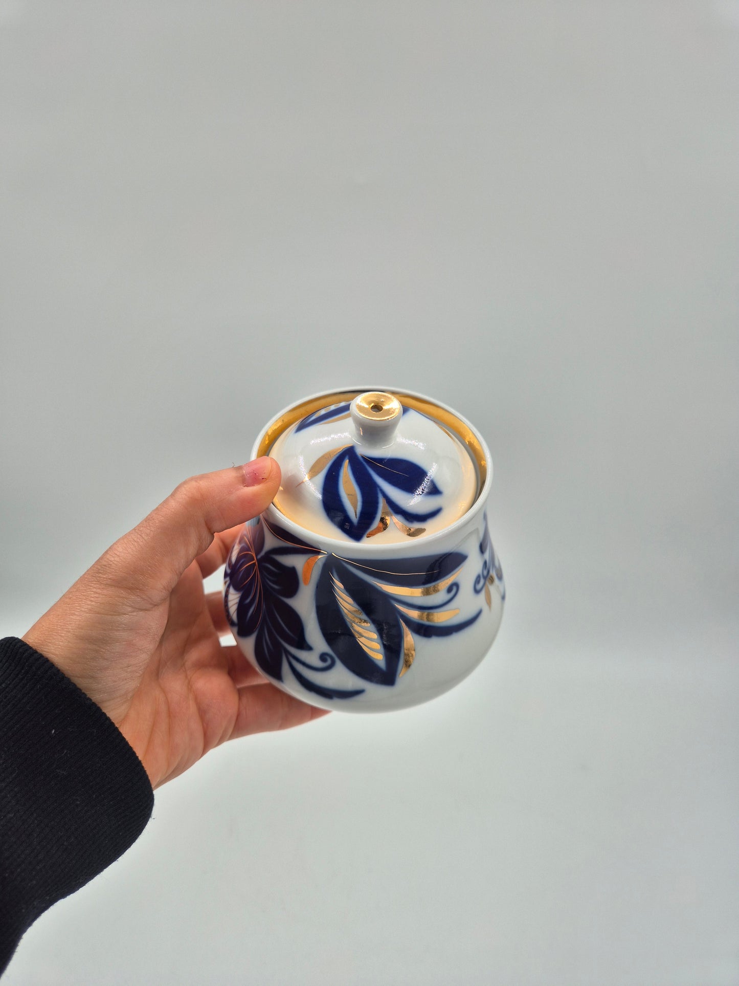 Vintage USSR Porcelain Sugar Bowl with Lid – Blue Floral Soviet Ceramic Jar with Gold Details – Russian Collectible Kitchen Decor