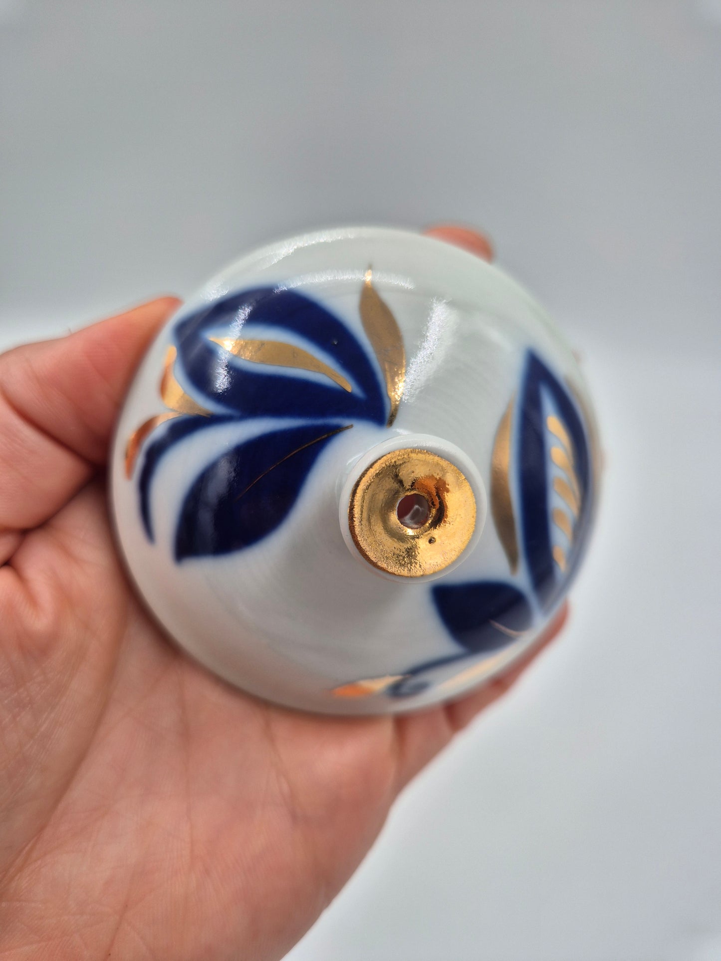 Vintage USSR Porcelain Sugar Bowl with Lid – Blue Floral Soviet Ceramic Jar with Gold Details – Russian Collectible Kitchen Decor