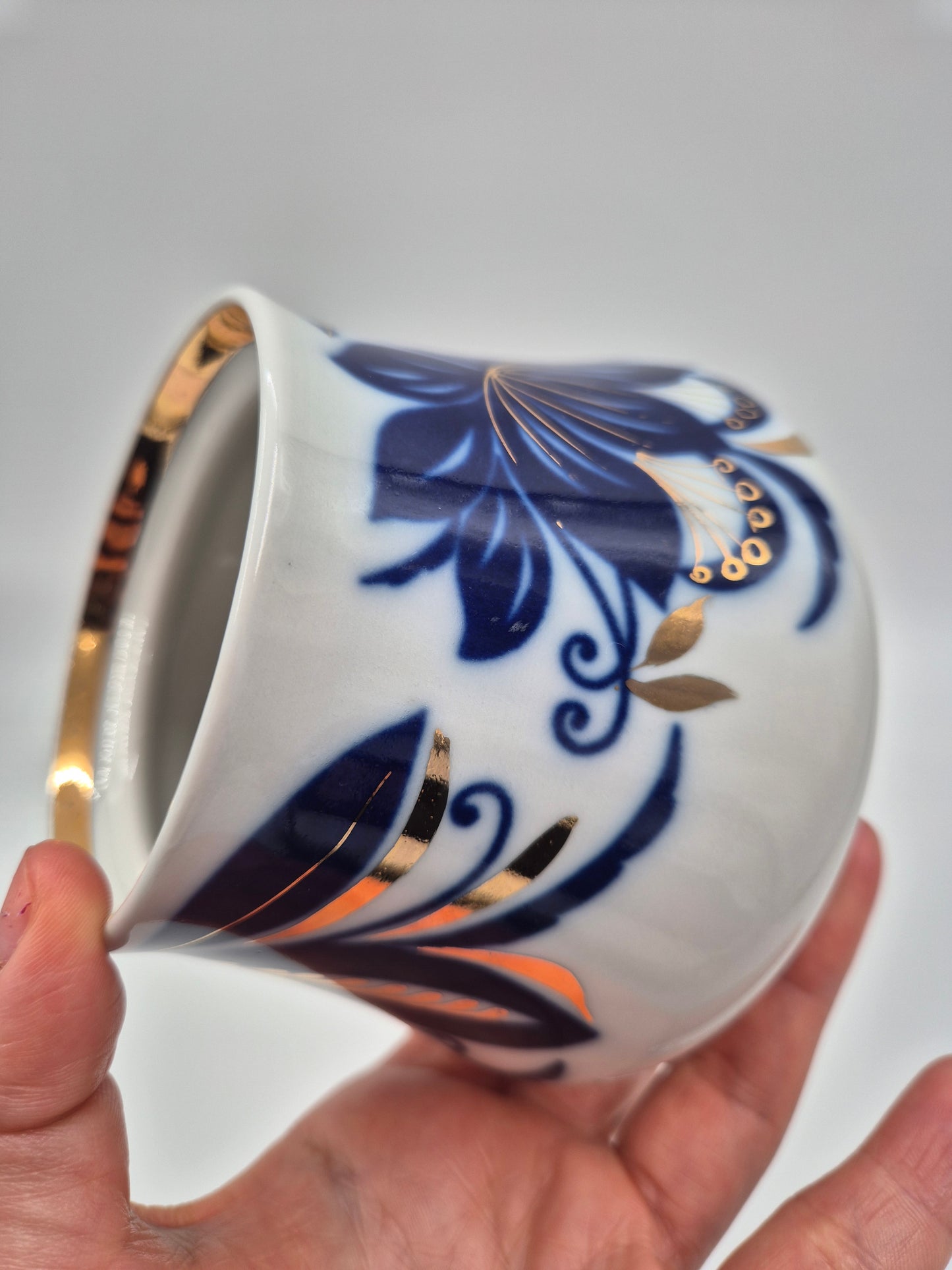 Vintage USSR Porcelain Sugar Bowl with Lid – Blue Floral Soviet Ceramic Jar with Gold Details – Russian Collectible Kitchen Decor