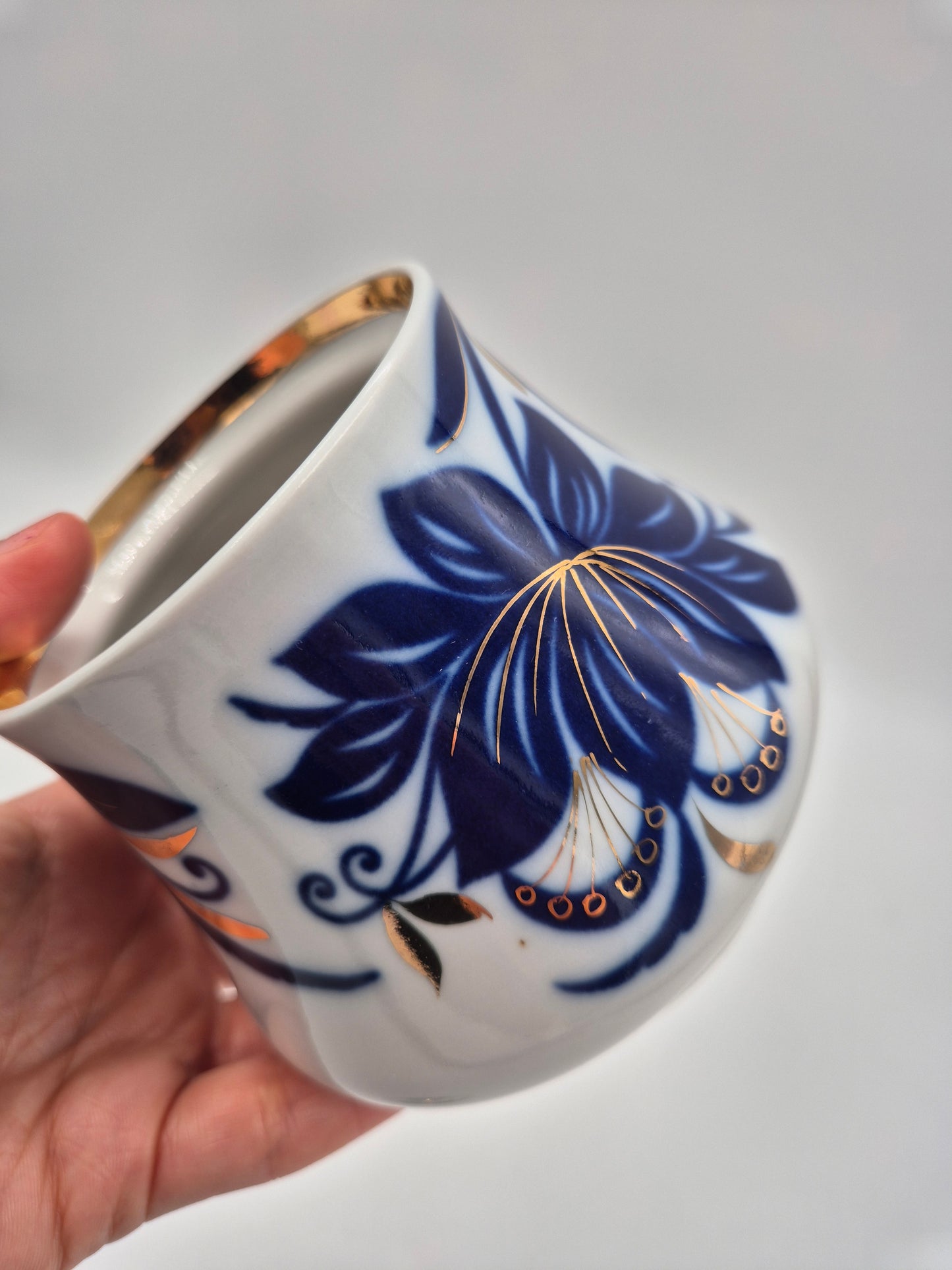 Vintage USSR Porcelain Sugar Bowl with Lid – Blue Floral Soviet Ceramic Jar with Gold Details – Russian Collectible Kitchen Decor