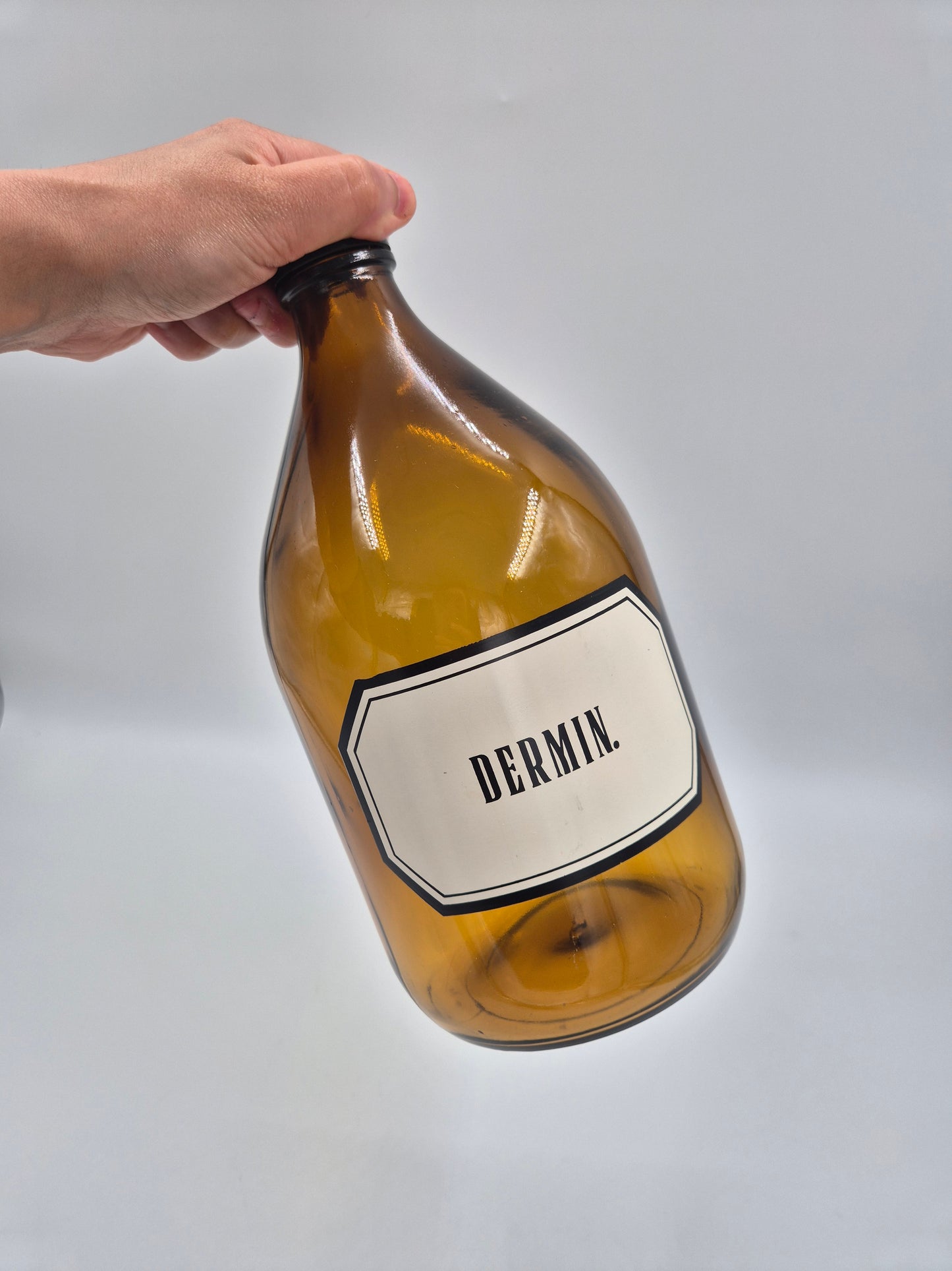 Vintage Apothecary Bottle “DERMIN” – Amber Glass Pharmacy Bottle with Black Cap – 28 cm