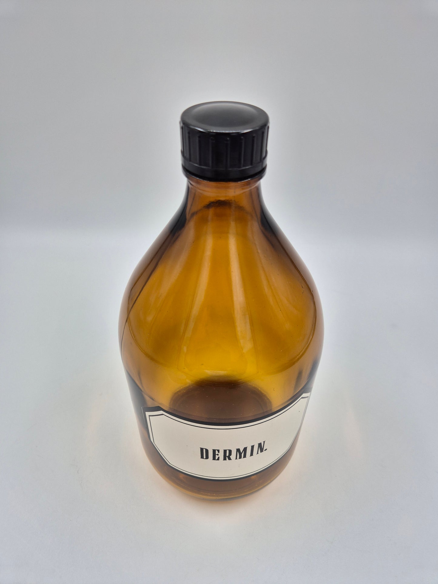 Vintage Apothecary Bottle “DERMIN” – Amber Glass Pharmacy Bottle with Black Cap – 28 cm