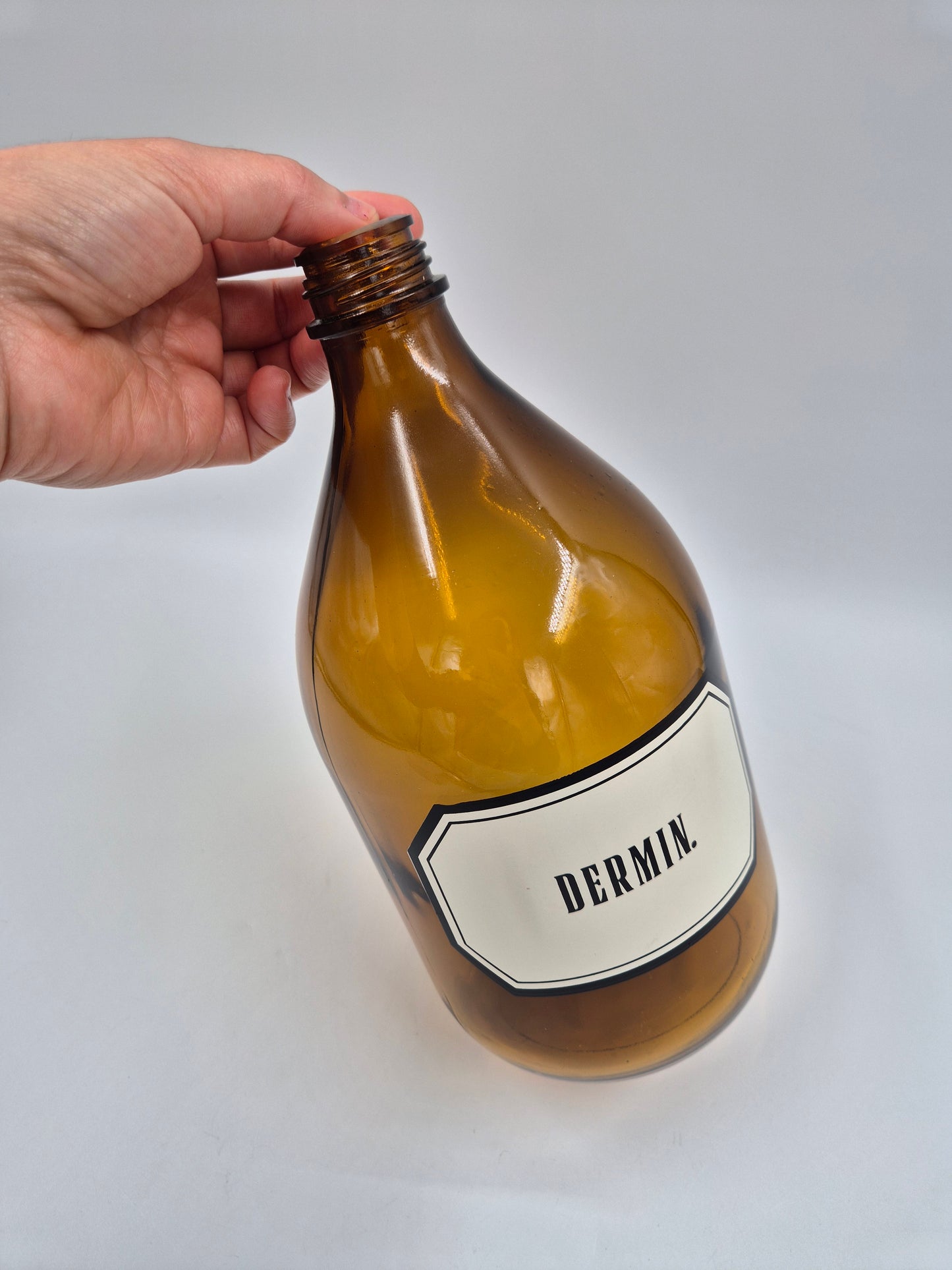 Vintage Apothecary Bottle “DERMIN” – Amber Glass Pharmacy Bottle with Black Cap – 28 cm