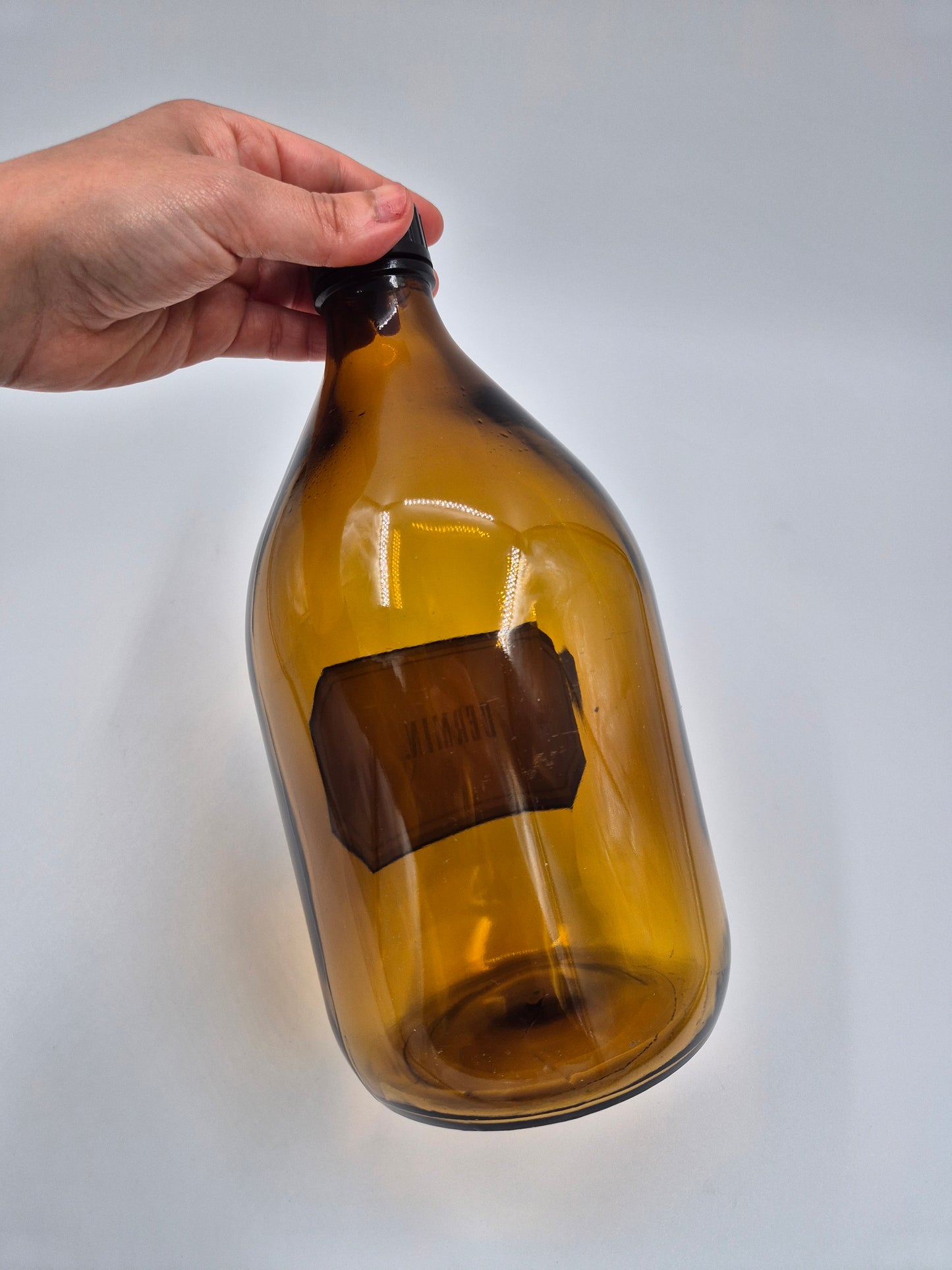 Vintage Apothecary Bottle “DERMIN” – Amber Glass Pharmacy Bottle with Black Cap – 28 cm